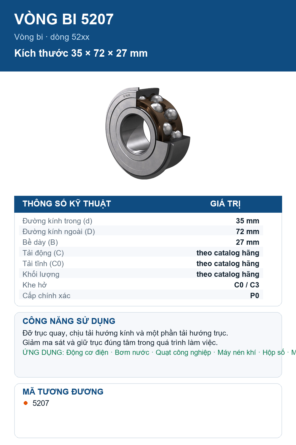 Vòng bi SNR 5207 35x72x27mm — Ảnh thông số (Pinterest)