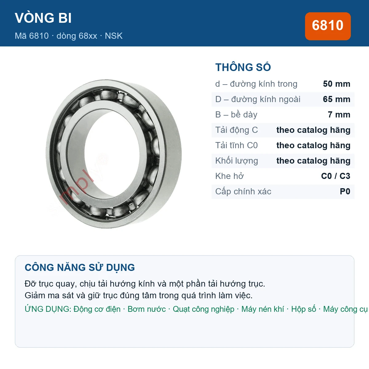 Vòng bi NSK 6810 — kích thước 50x65x7mm