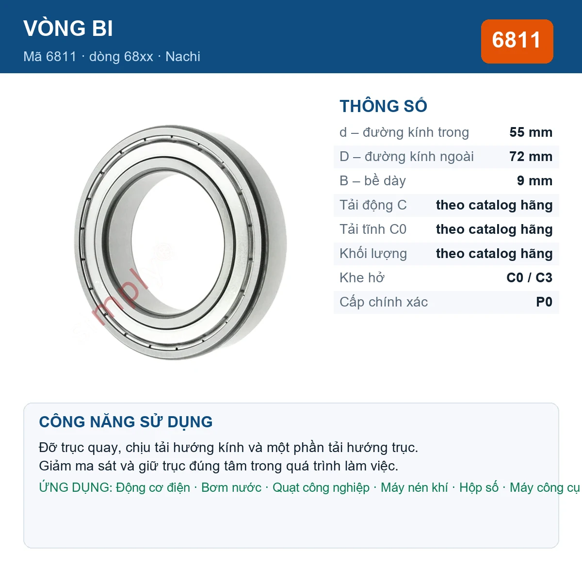 Vòng bi Nachi 6811 — kích thước 55x72x9mm