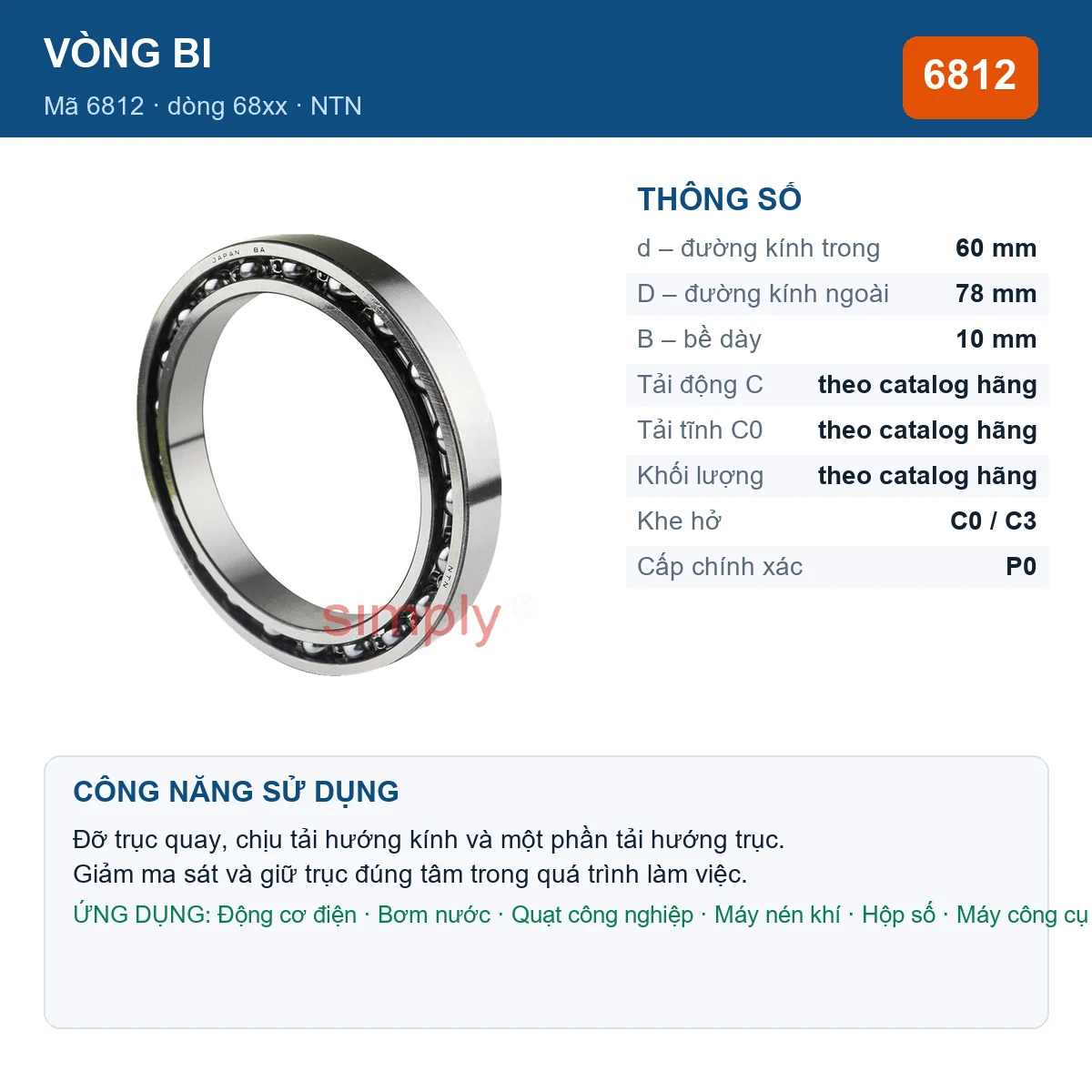 Vòng bi NTN 6812 — kích thước 60x78x10mm