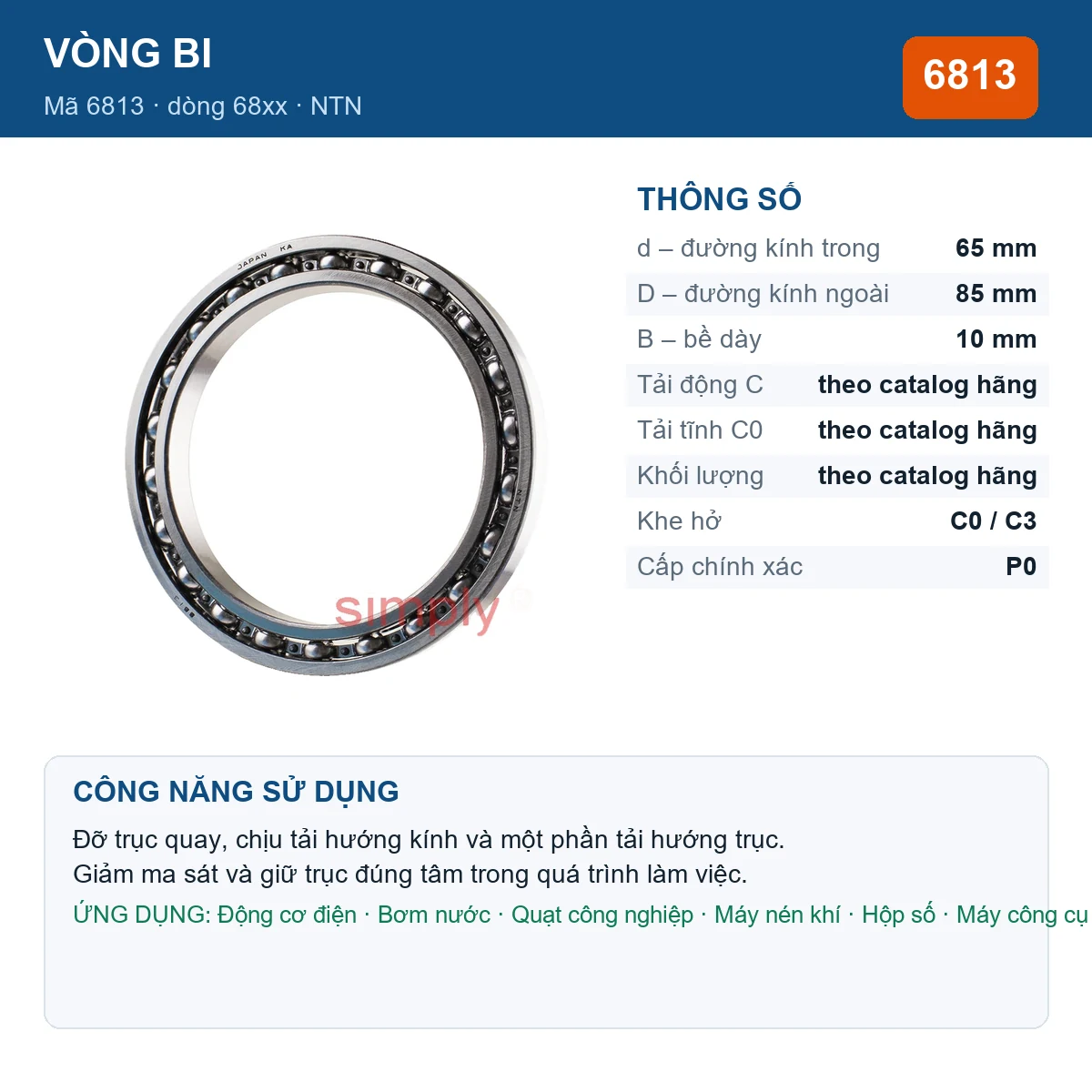 Vòng bi NTN 6813 — kích thước 65x85x10mm