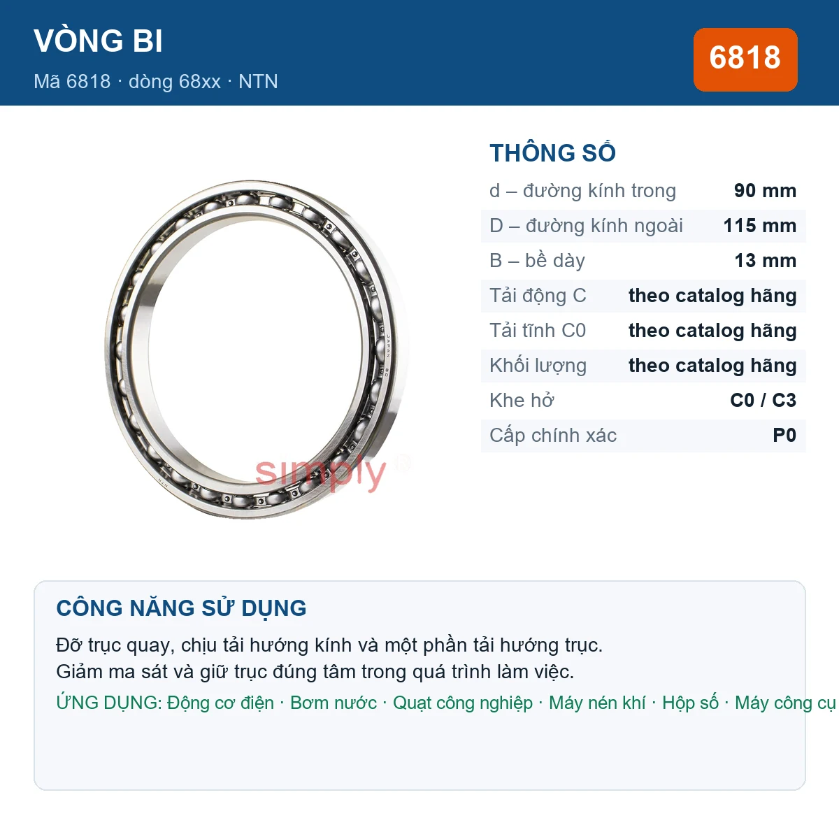 Vòng bi NTN 6818 — kích thước 90x115x13mm