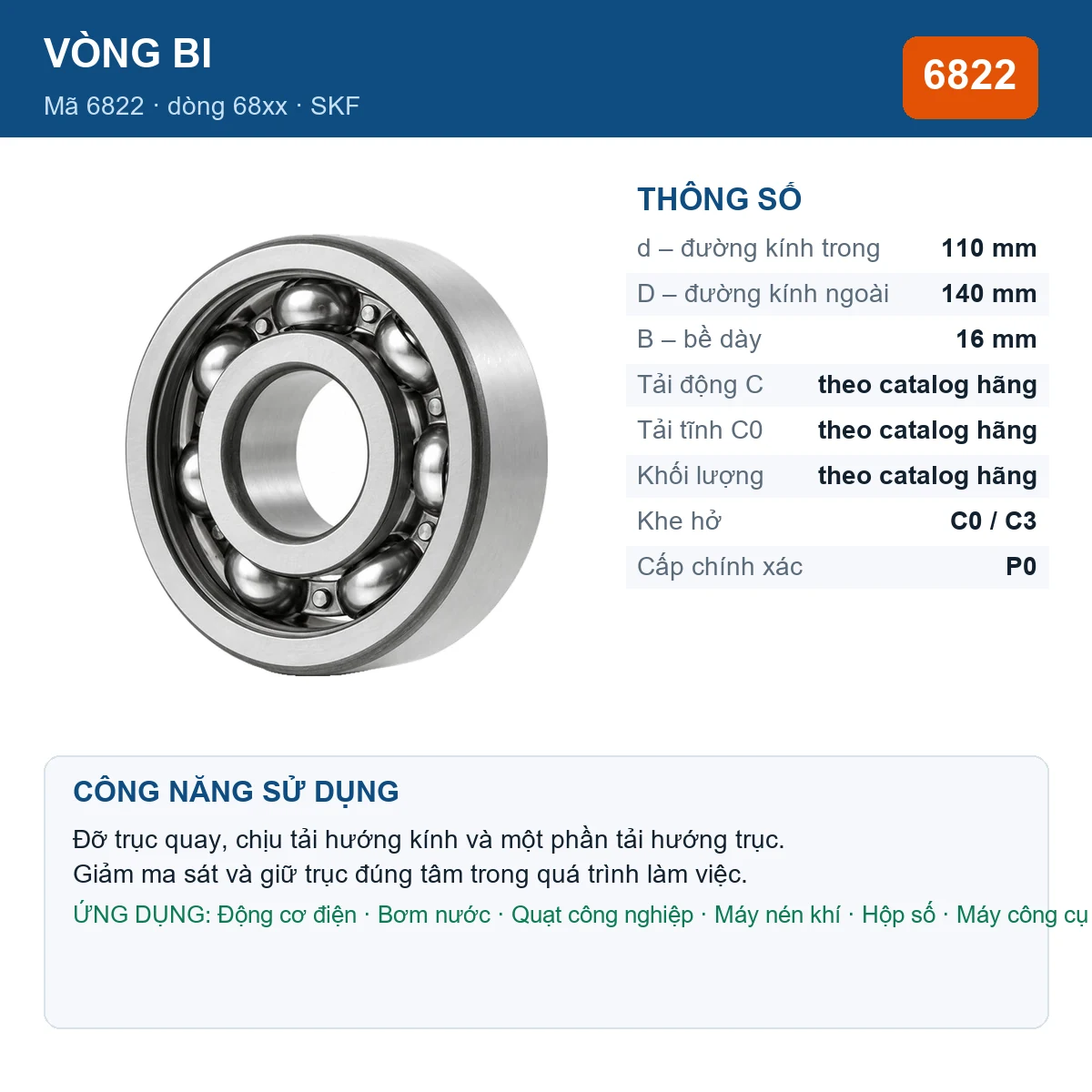 Vòng bi SKF 6822 — kích thước 110x140x16mm