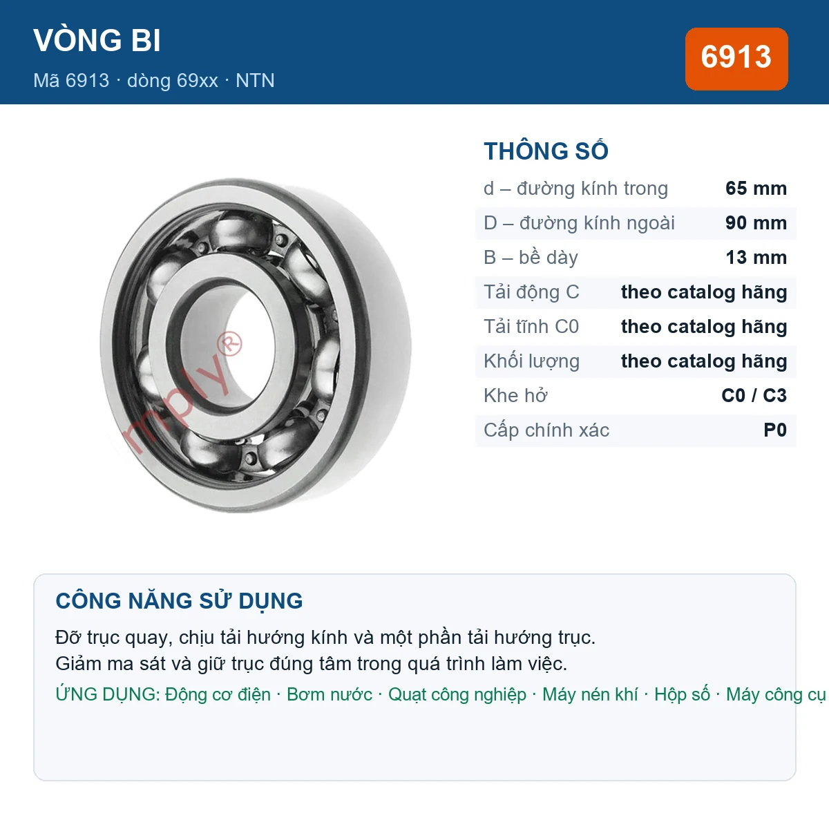 Vòng bi NTN 6913 — kích thước 65x90x13mm