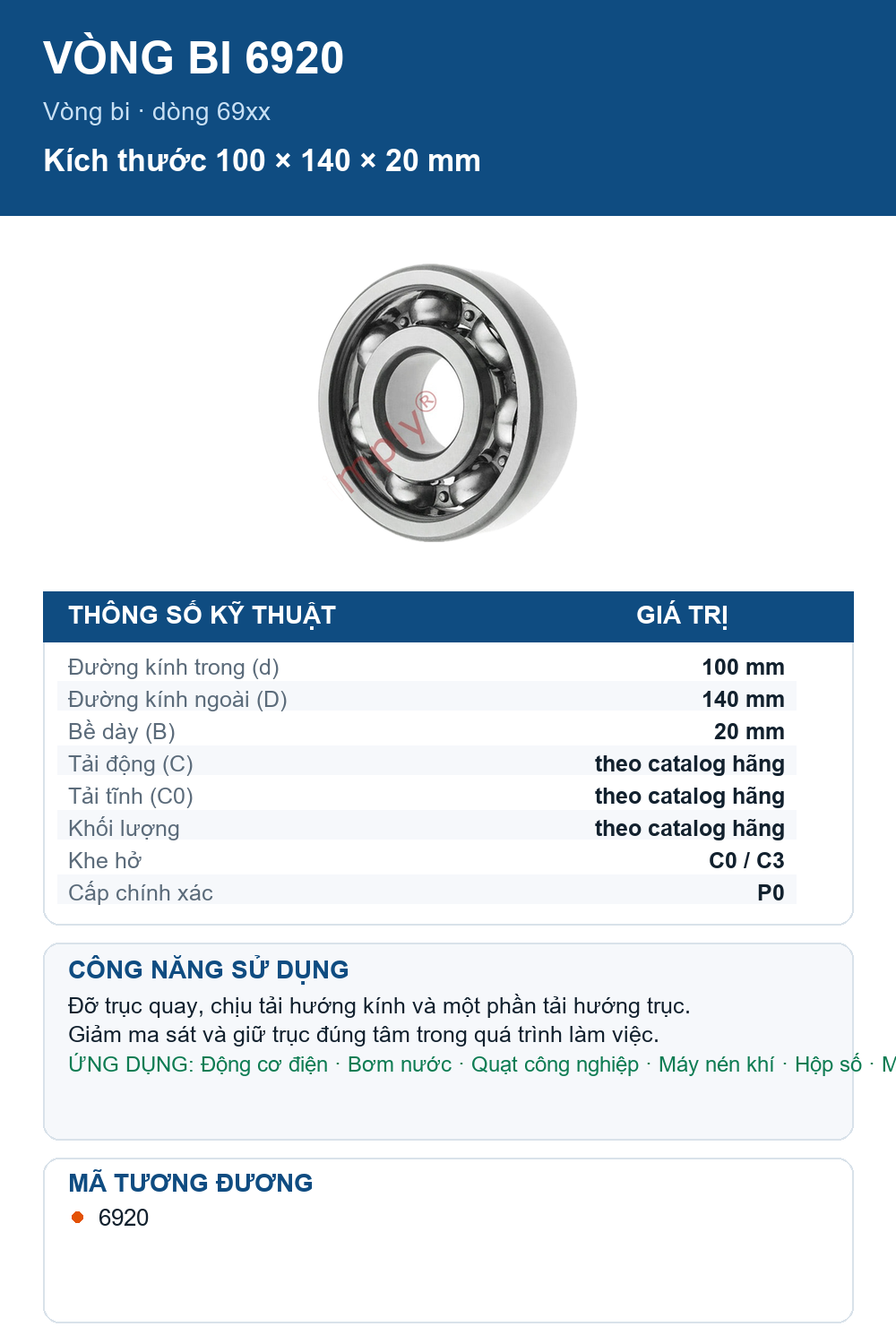 Vòng bi NTN 6920 100x140x20mm — Ảnh thông số (Pinterest)