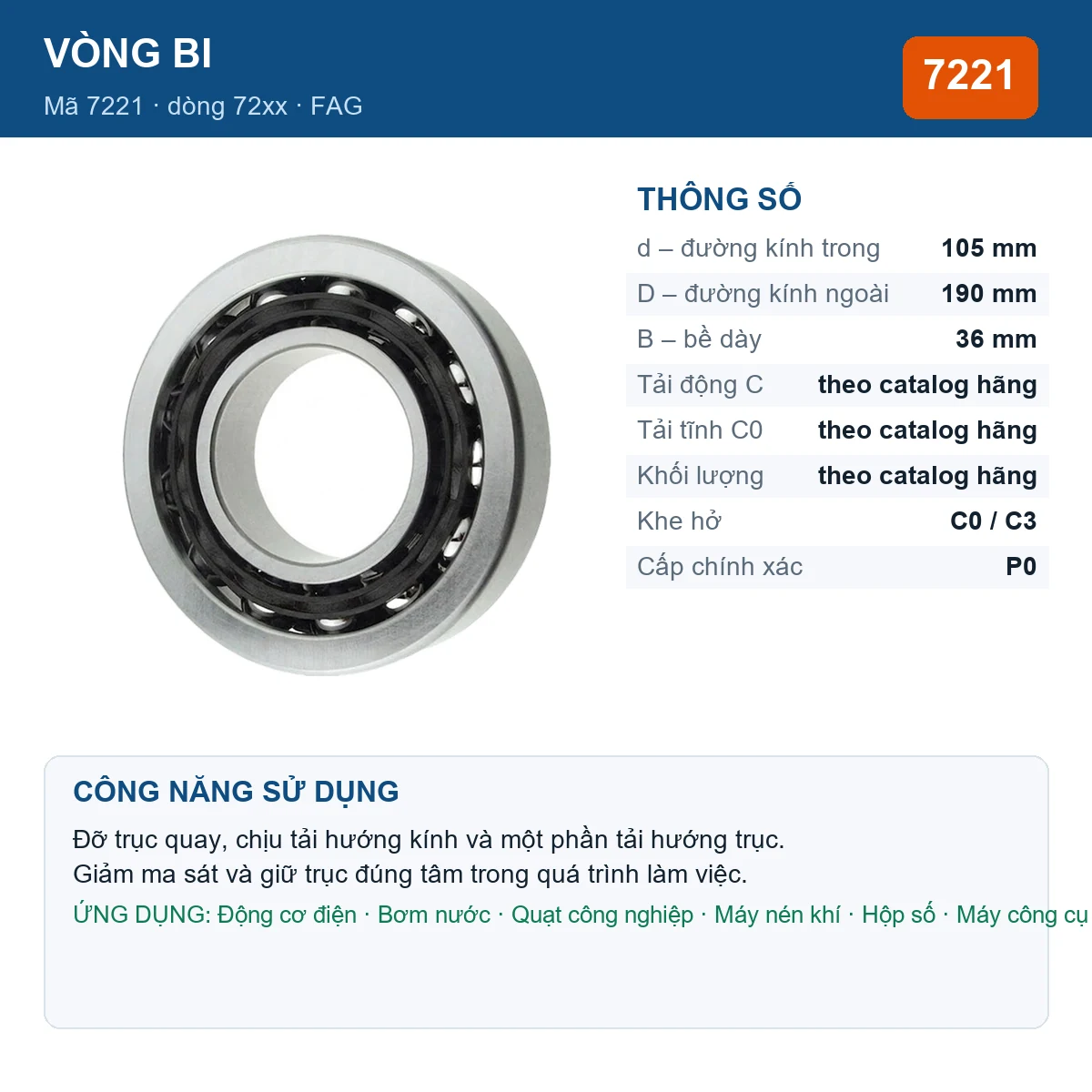 Vòng bi FAG 7221 — kích thước 105x190x36mm
