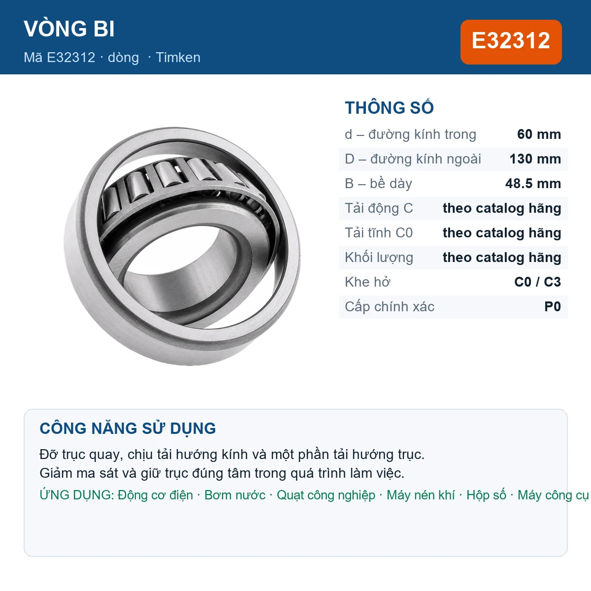 Vòng bi Timken E32312 — kích thước 60x130x48.5mm
