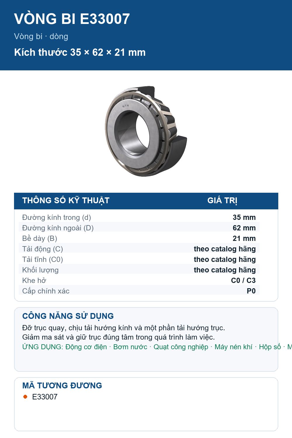 Vòng bi NTN E33007 35x62x21mm — Ảnh thông số (Pinterest)