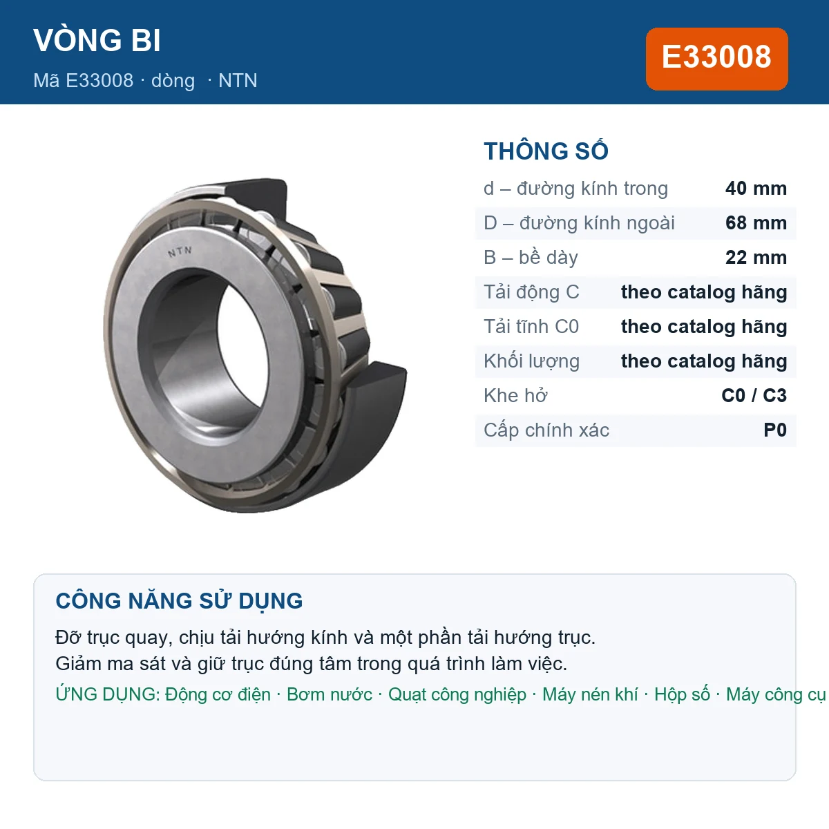 Vòng bi NTN E33008 — kích thước 40x68x22mm