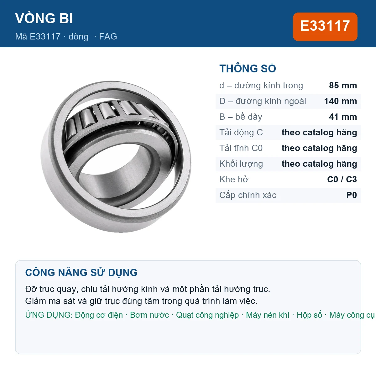 Vòng bi FAG E33117 — kích thước 85x140x41mm