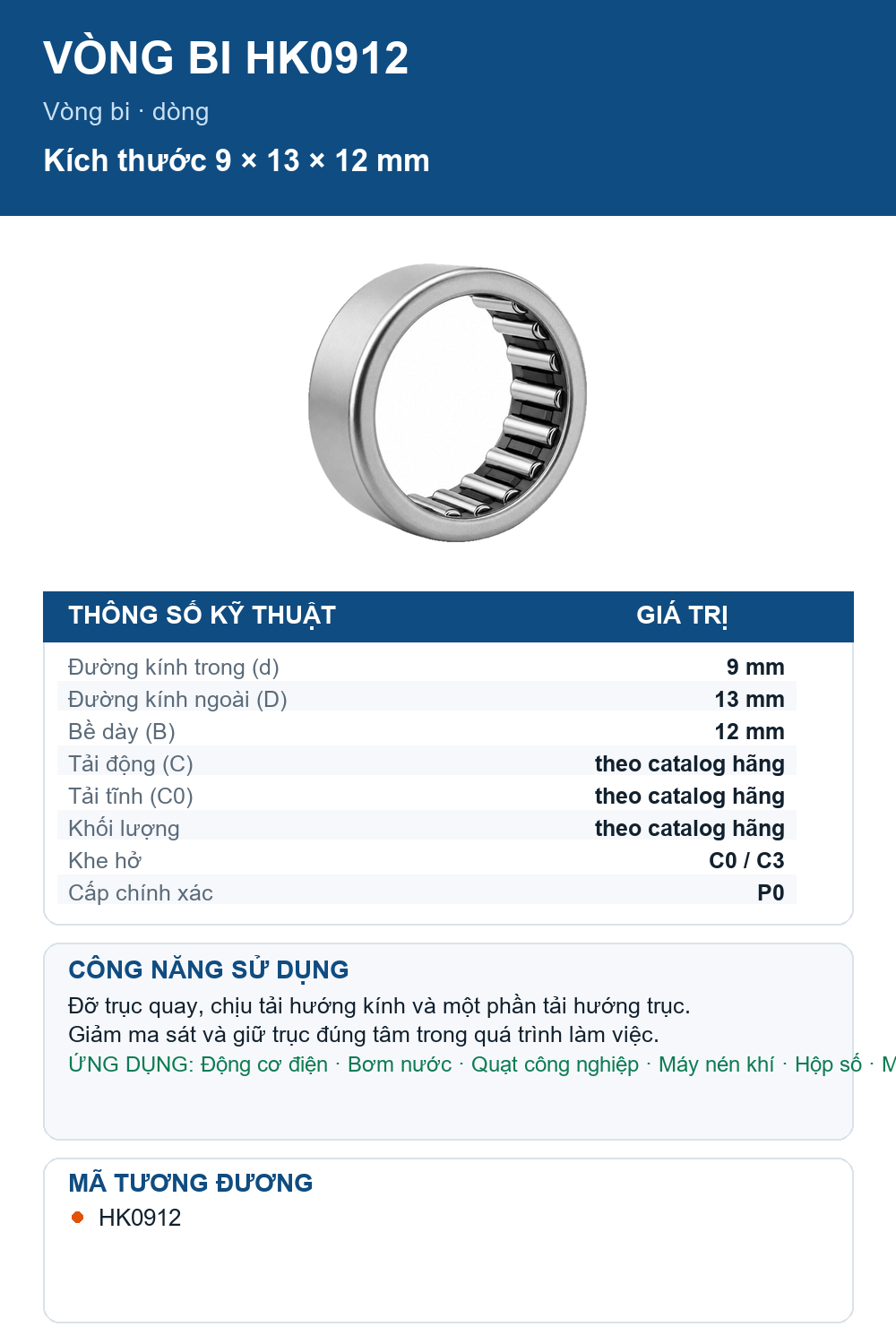 Vòng bi NKE HK0912 9x13x12mm — Ảnh thông số (Pinterest)