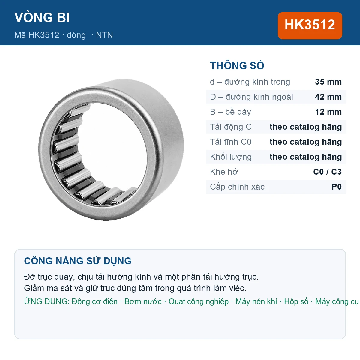 Vòng bi NTN HK3512 — kích thước 35x42x12mm