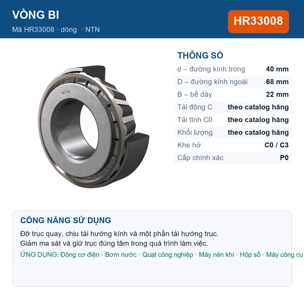 Vòng bi NTN HR33008 — kích thước 40x68x22mm