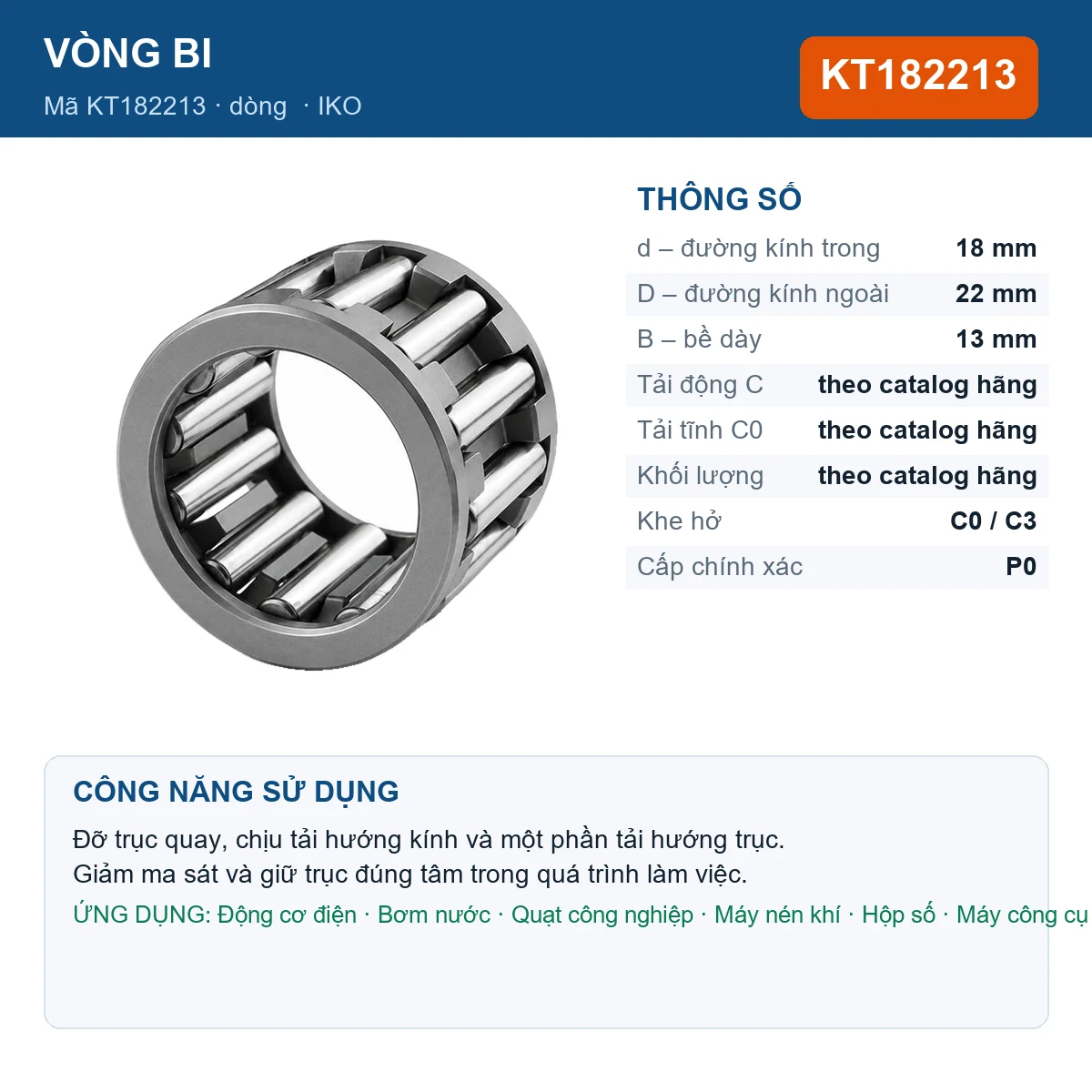 Vòng bi IKO KT182213 — kích thước 18x22x13mm