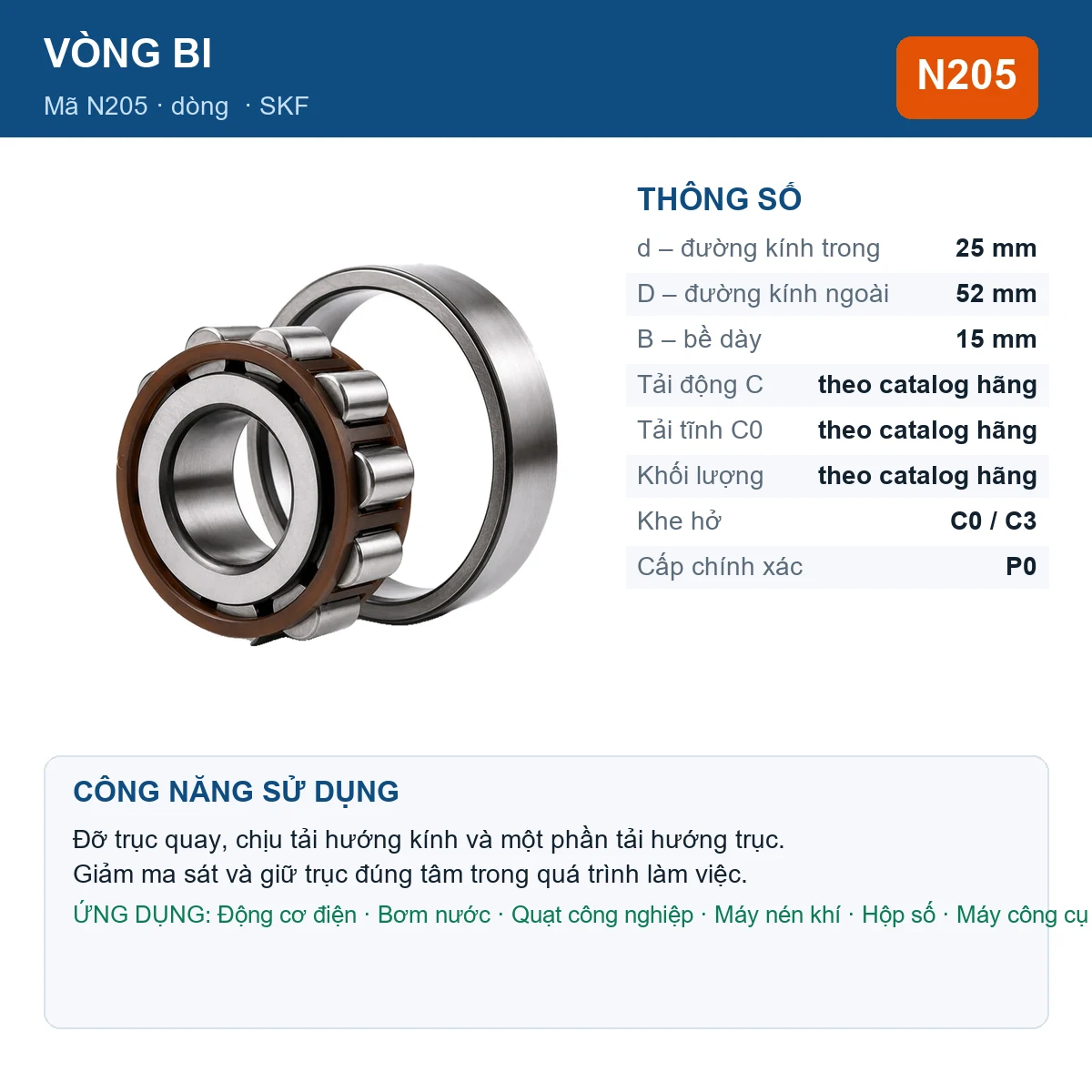 Vòng bi SKF N205 25x52x15mm — Ảnh đăng sản phẩm (web)