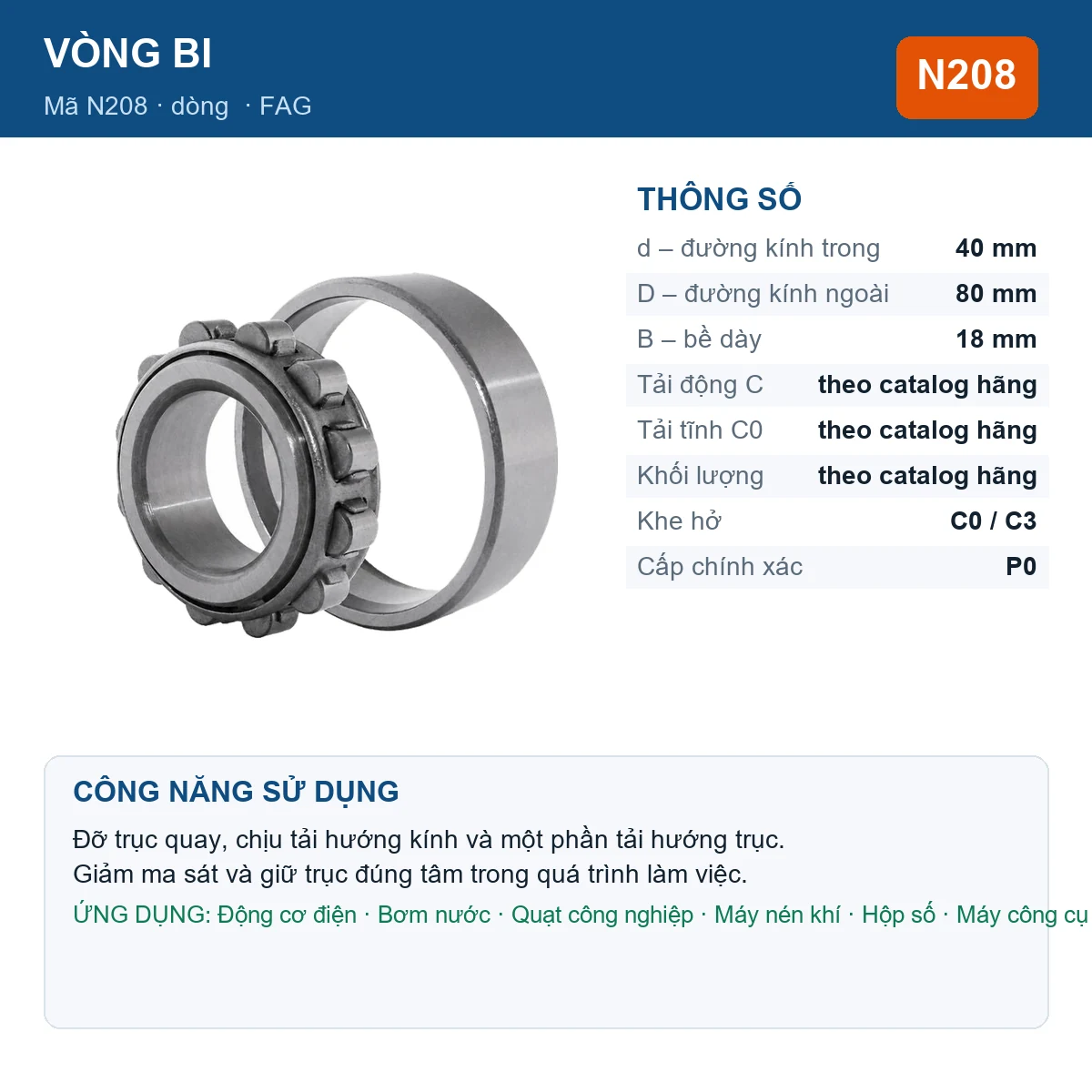 Vòng bi FAG N208 40x80x18mm — Ảnh đăng sản phẩm (web)