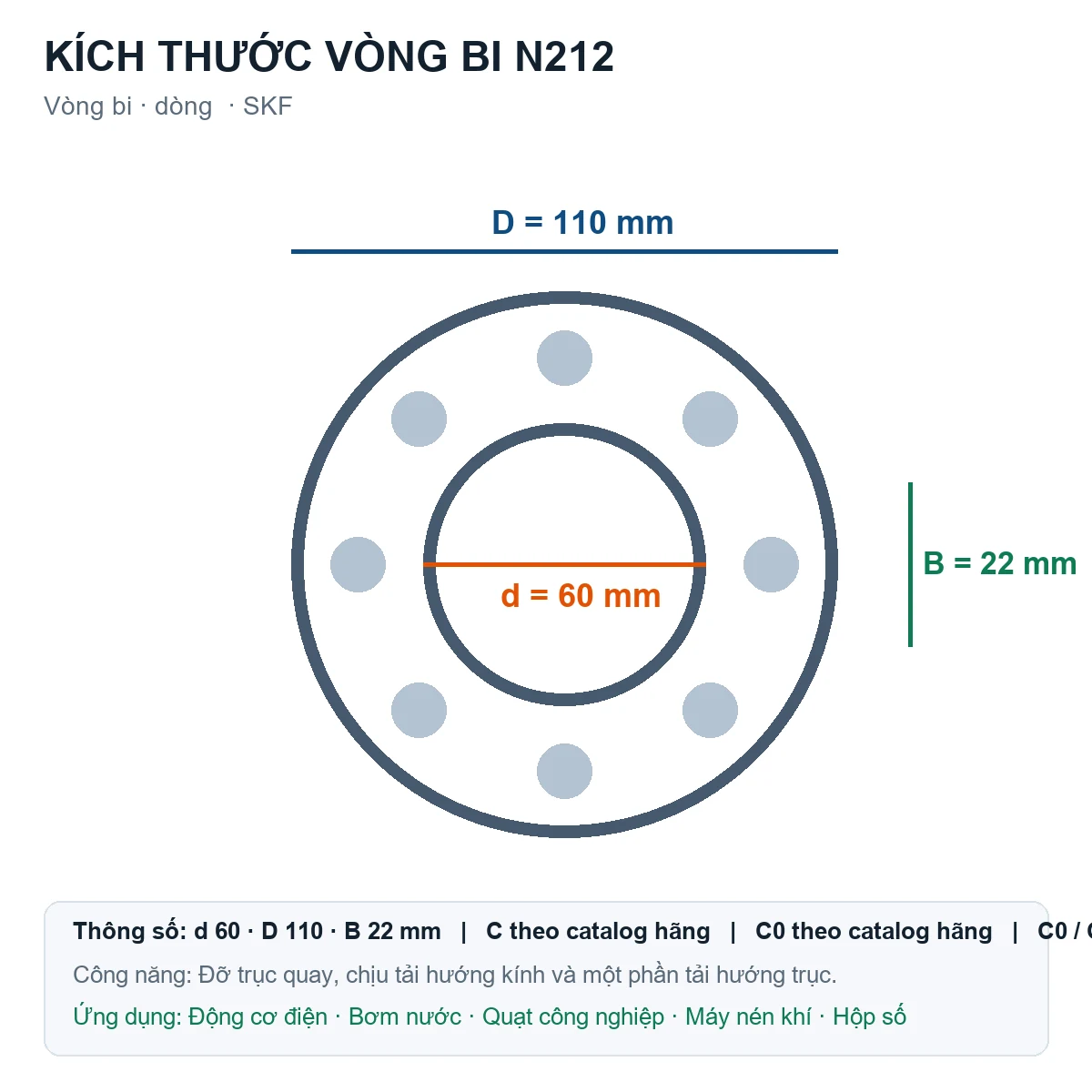 Vòng bi SKF N212 60x110x22mm — Bản vẽ kích thước (Google Images)