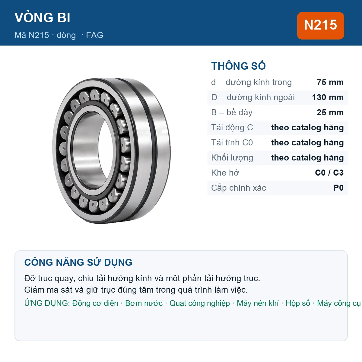 Vòng bi FAG N215 75x130x25mm — Ảnh đăng sản phẩm (web)