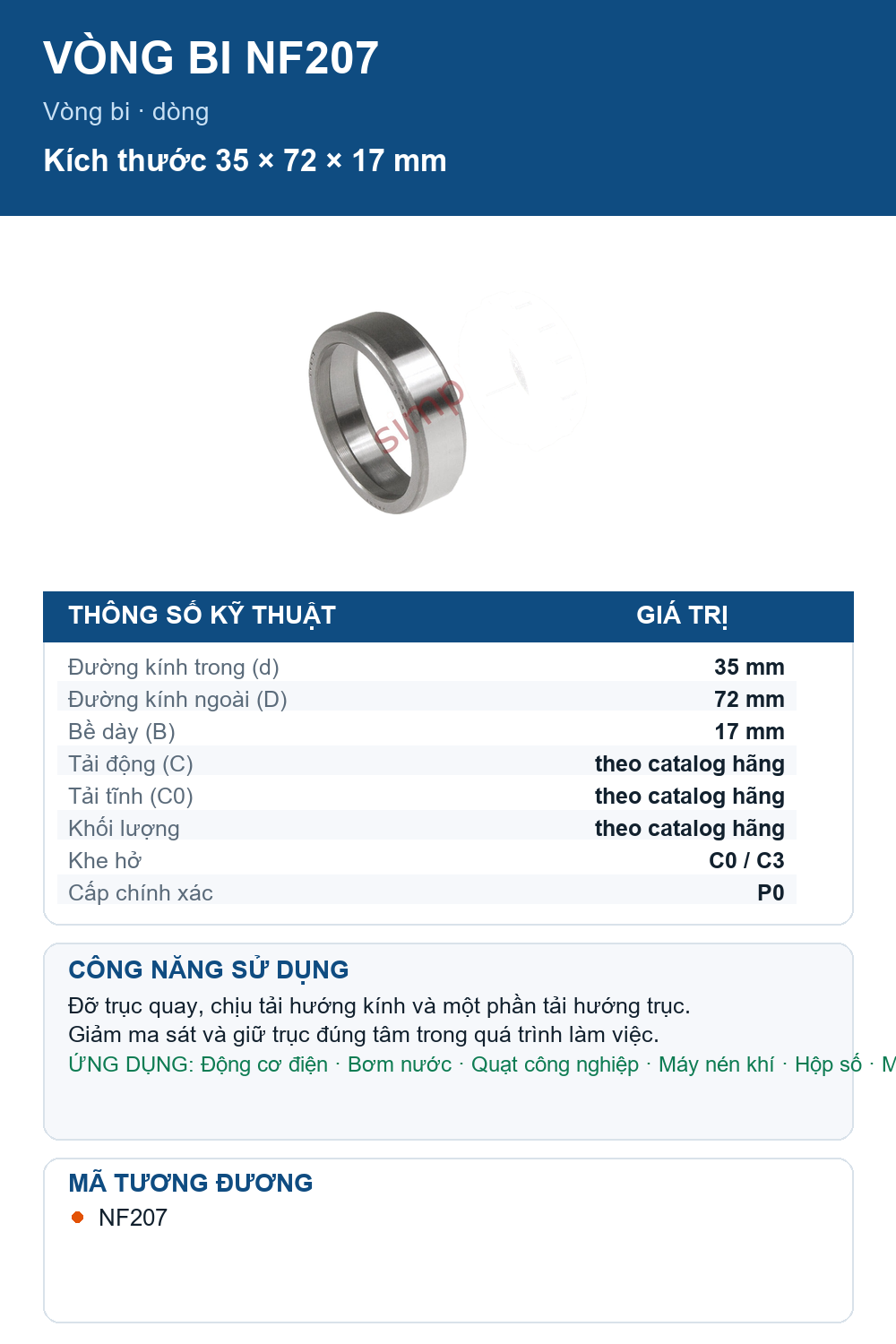 Vòng bi Major Brand NF207 35x72x17mm — Ảnh thông số (Pinterest)