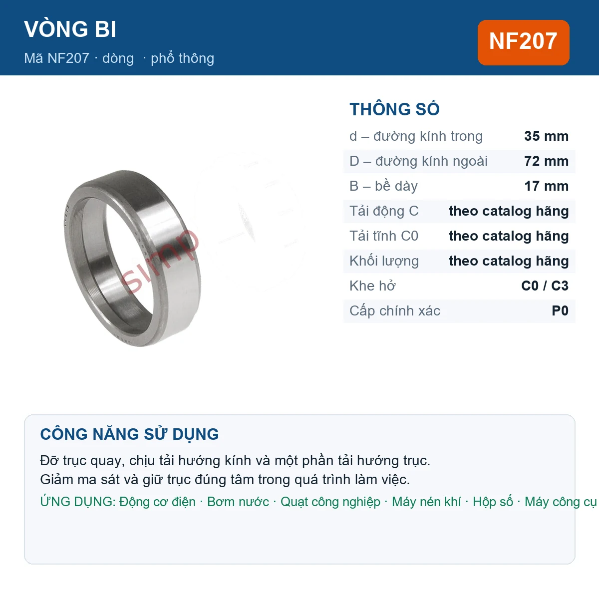 Vòng bi Major Brand NF207 — kích thước 35x72x17mm