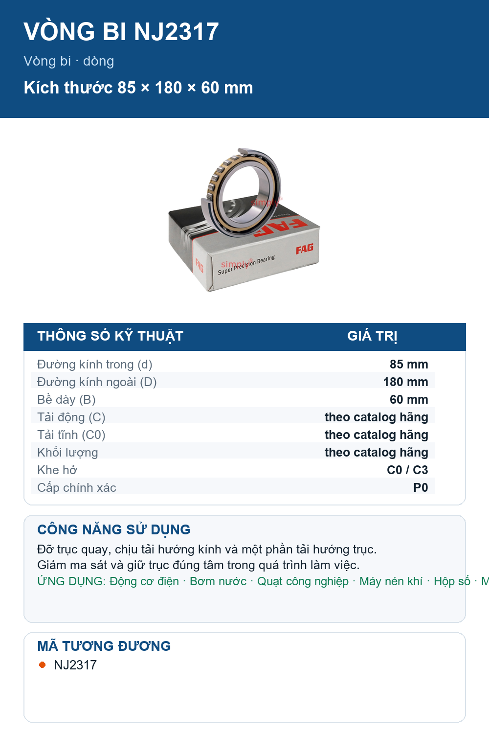 Vòng bi FAG NJ2317 85x180x60mm — Ảnh thông số (Pinterest)