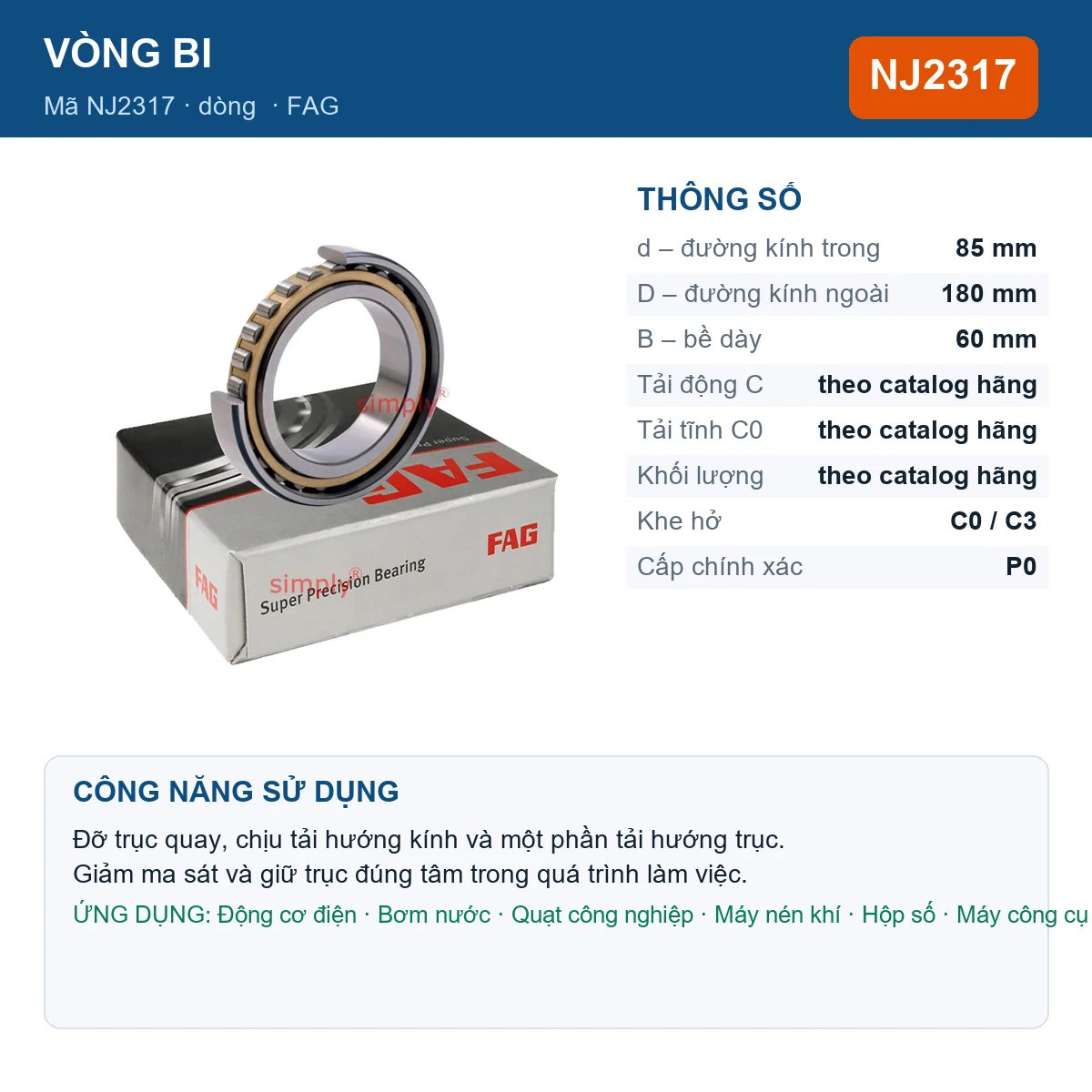 Vòng bi FAG NJ2317 — kích thước 85x180x60mm