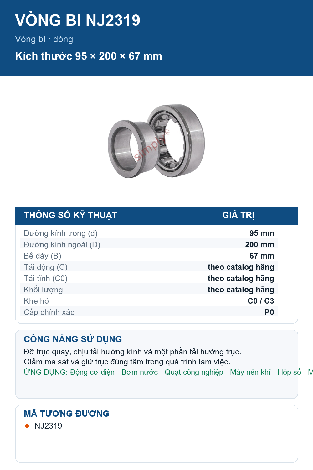 Vòng bi FAG NJ2319 95x200x67mm — Ảnh thông số (Pinterest)