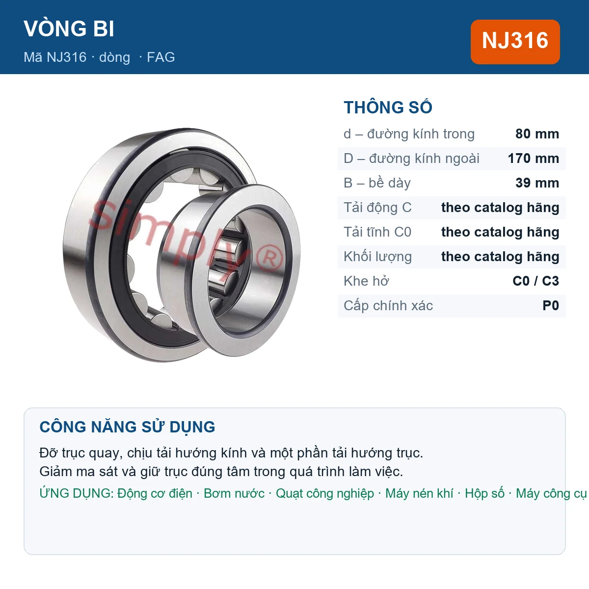 Vòng bi FAG NJ316 80x170x39mm — Ảnh đăng sản phẩm (web)