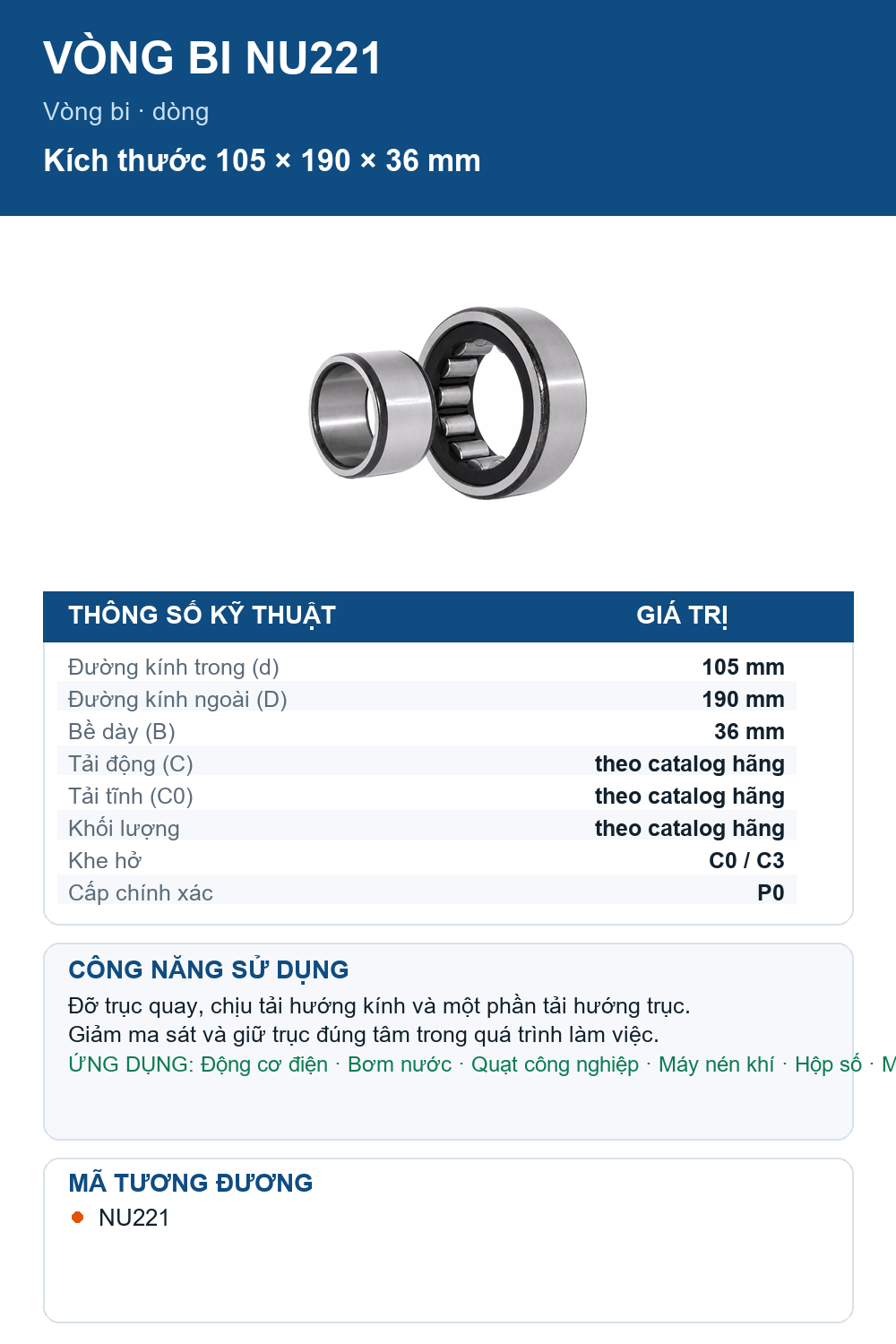 Vòng bi FAG NU221 105x190x36mm — Ảnh thông số (Pinterest)