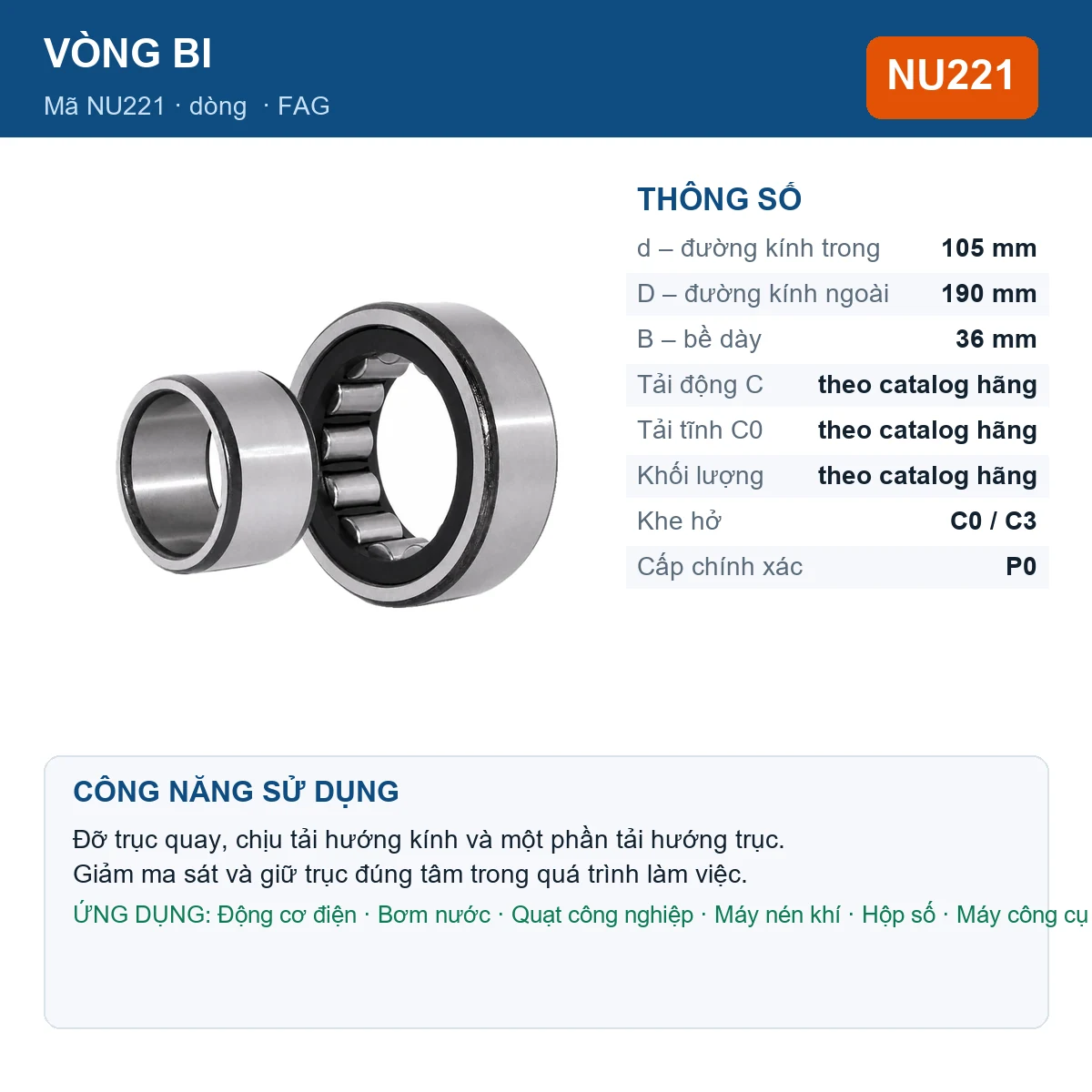 Vòng bi FAG NU221 105x190x36mm — Ảnh đăng sản phẩm (web)