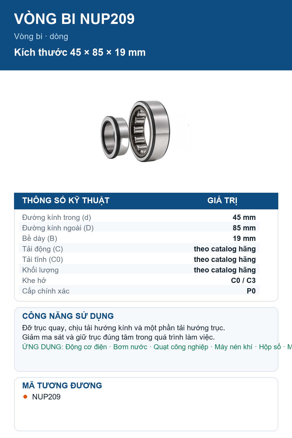 Vòng bi FAG NUP209 45x85x19mm — Ảnh thông số (Pinterest)