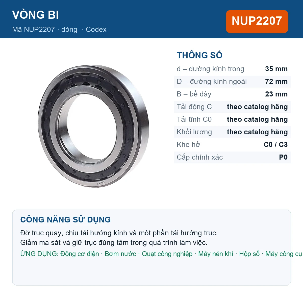 Vòng bi Codex NUP2207 — kích thước 35x72x23mm