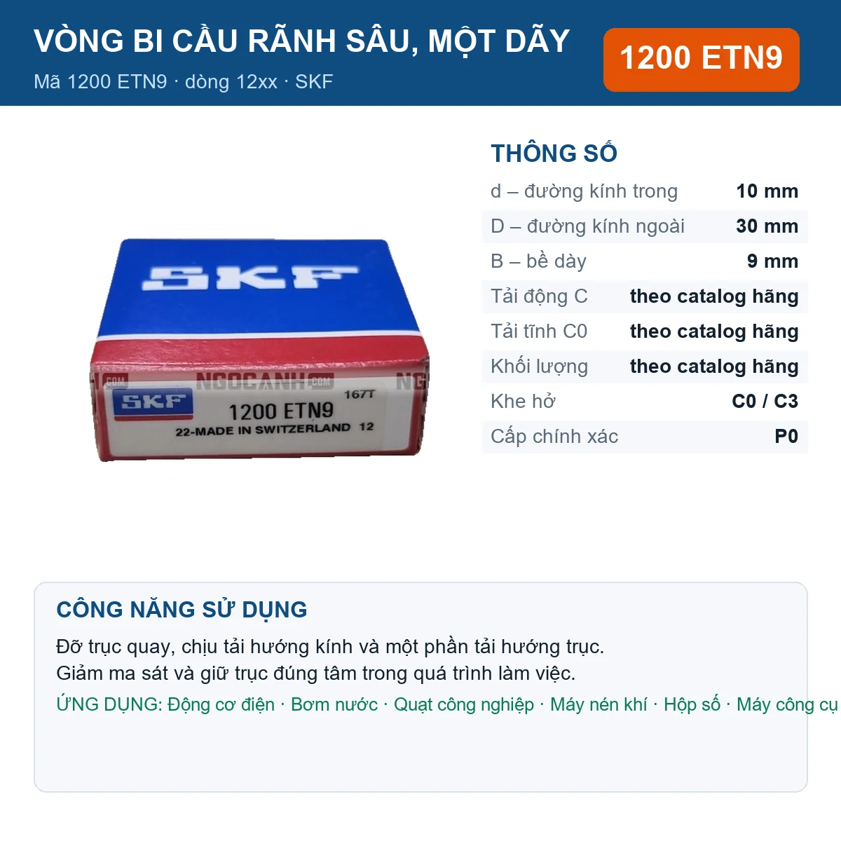 Vòng bi SKF 1200 ETN9 — kích thước 10x30x9mm