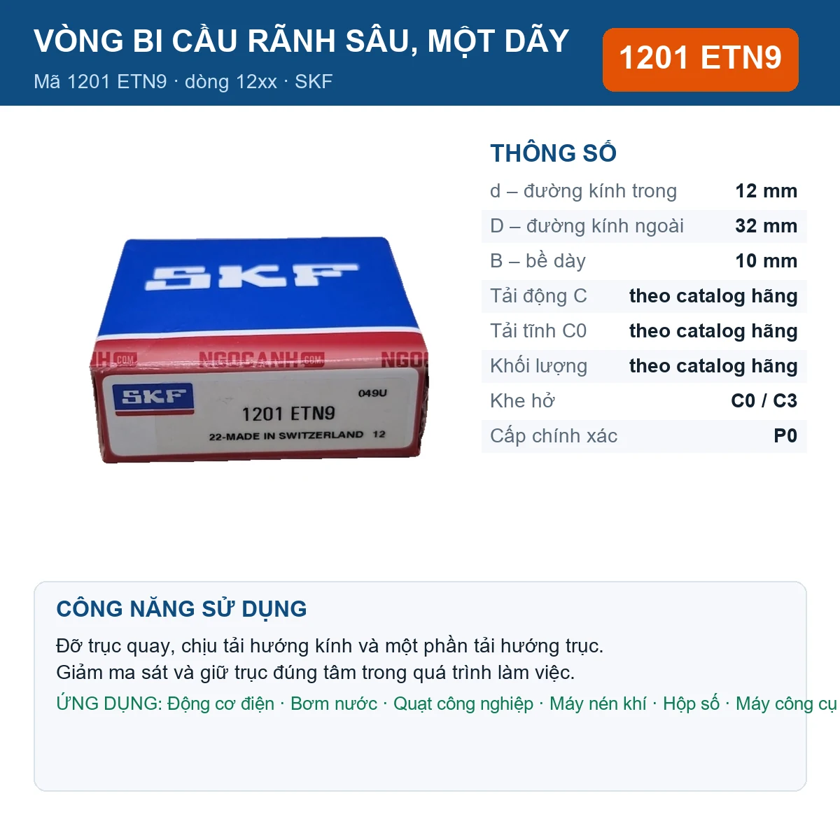 Vòng bi SKF 1201 ETN9 — kích thước 12x32x10mm