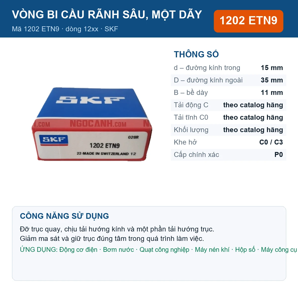Vòng bi SKF 1202 ETN9 — kích thước 15x35x11mm