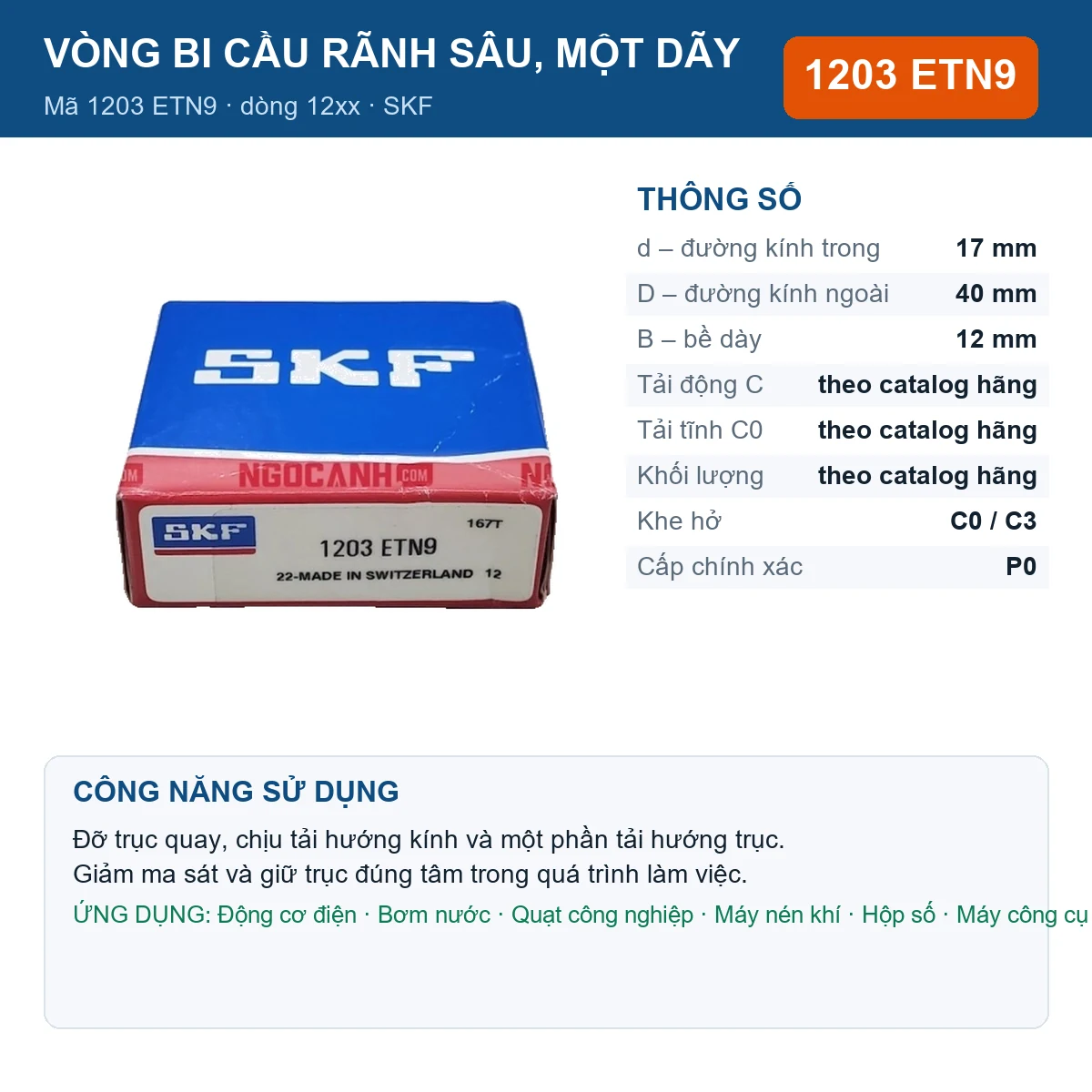 Vòng bi SKF 1203 ETN9 — kích thước 17x40x12mm