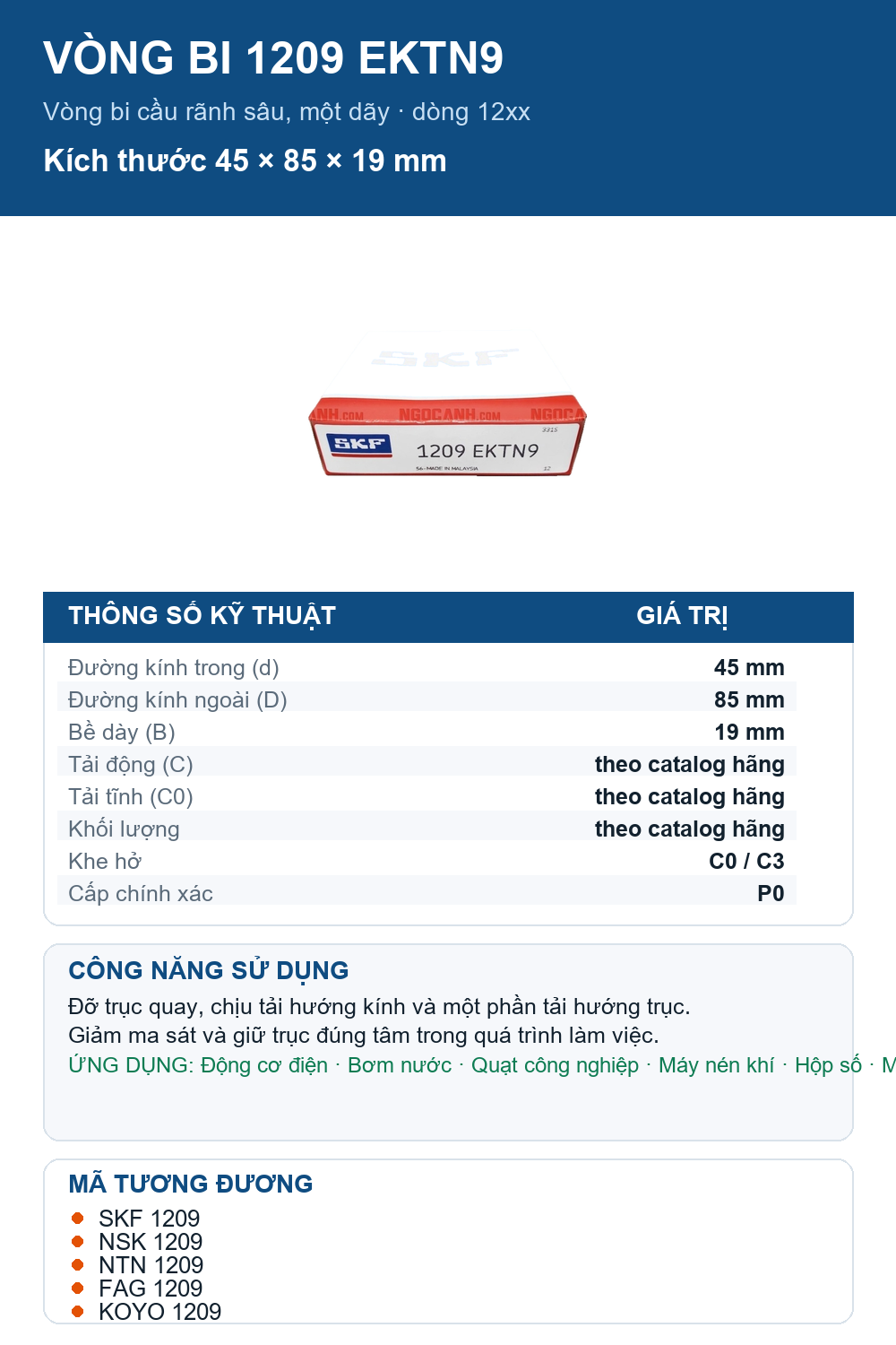 Vòng bi SKF 1209 EKTN9 45x85x19mm — Ảnh thông số (Pinterest)