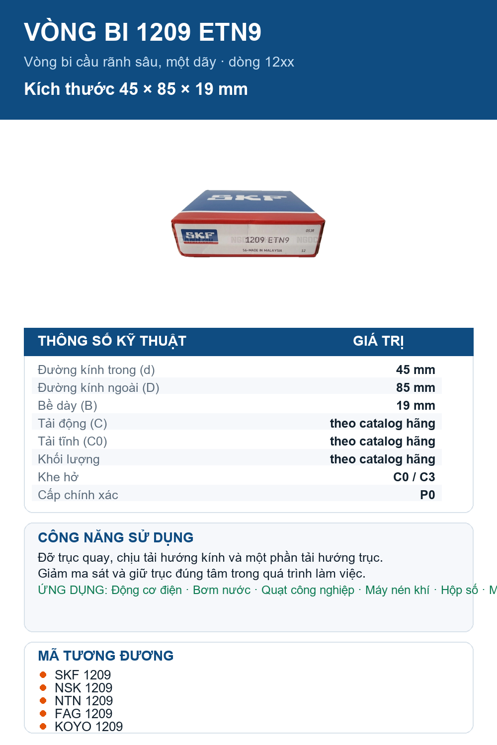 Vòng bi SKF 1209 ETN9 45x85x19mm — Ảnh thông số (Pinterest)