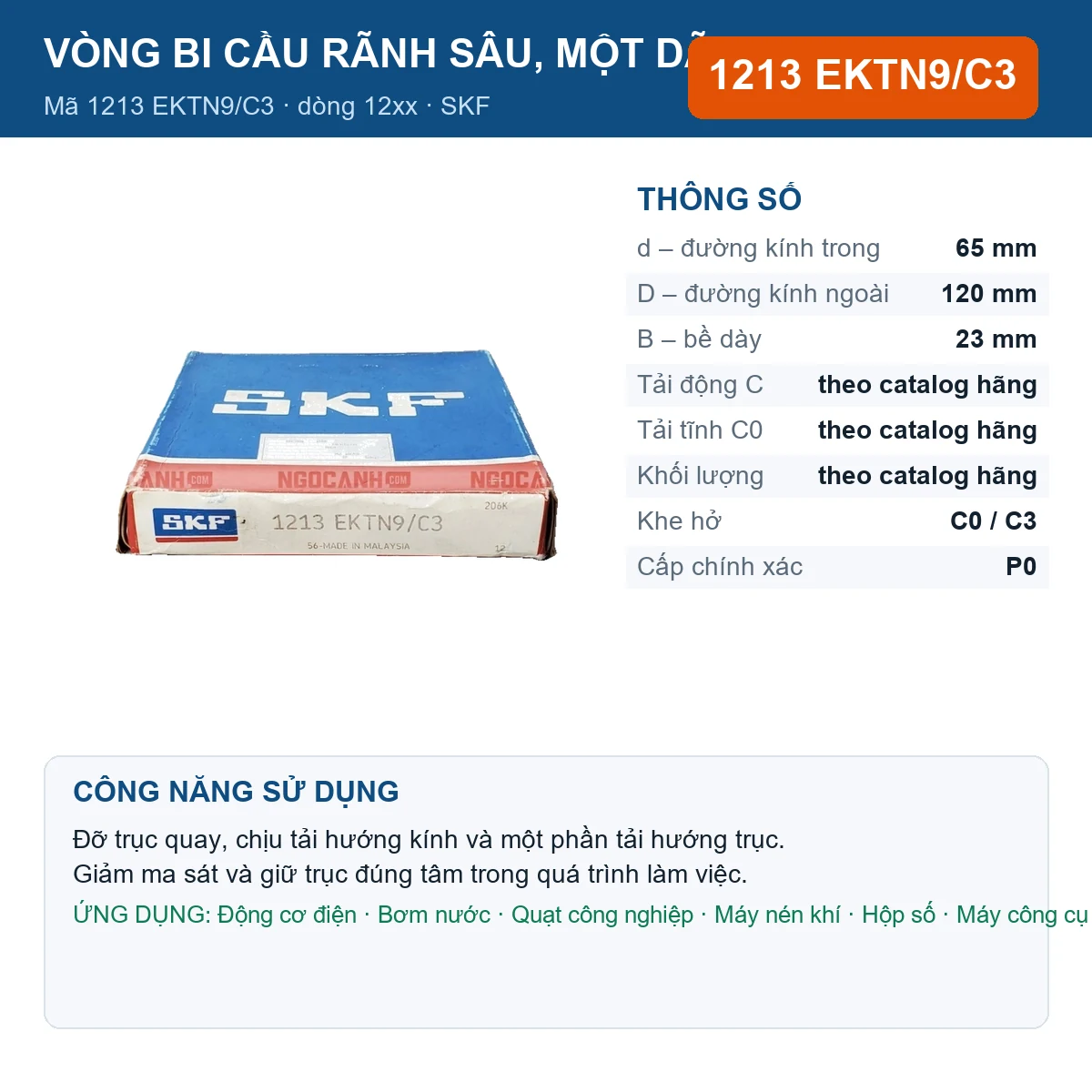 Vòng bi SKF 1213 EKTN9/C3 — kích thước 65x120x23mm