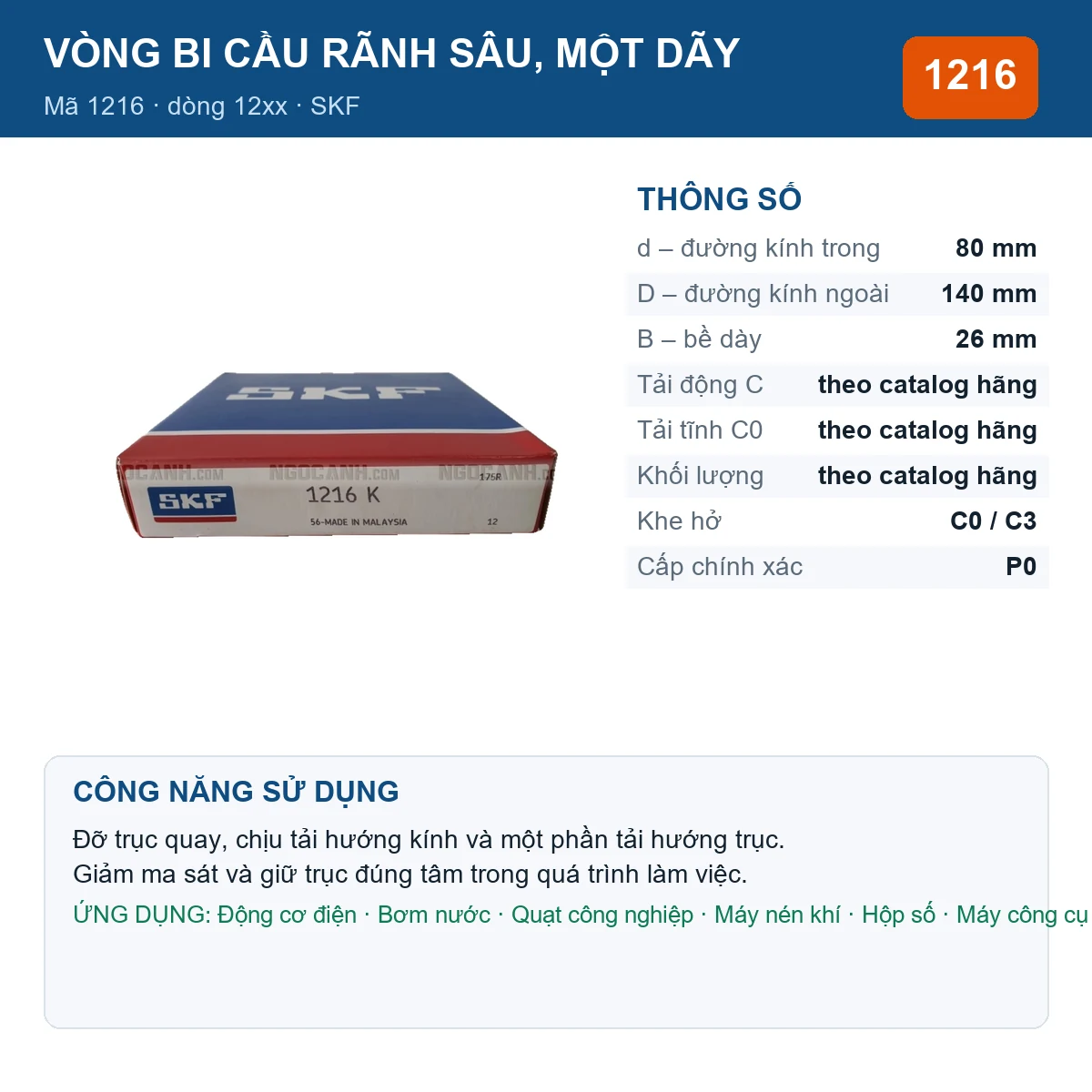 Vòng bi SKF 1216 — kích thước 80x140x26mm