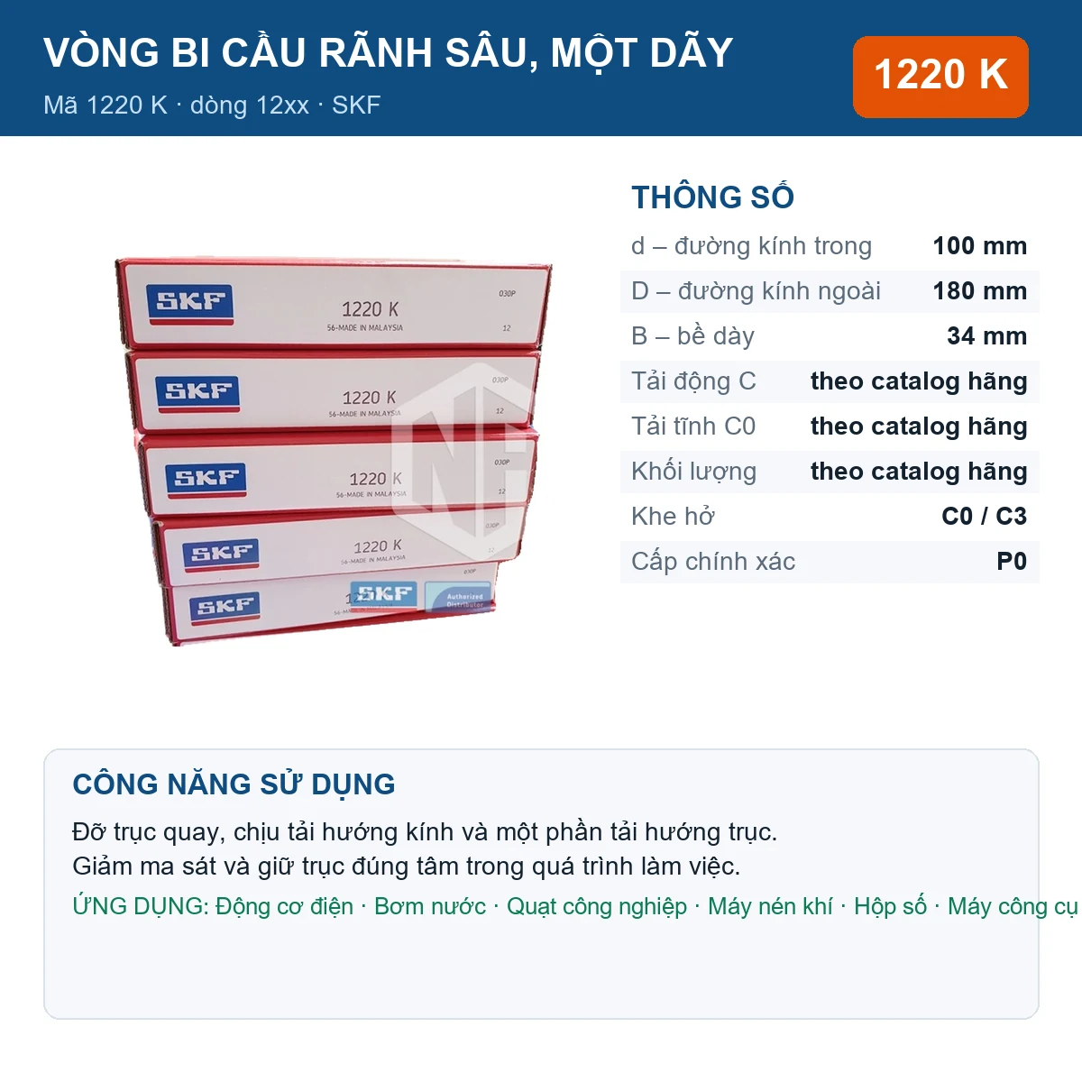 Vòng bi SKF 1220 K — kích thước 100x180x34mm