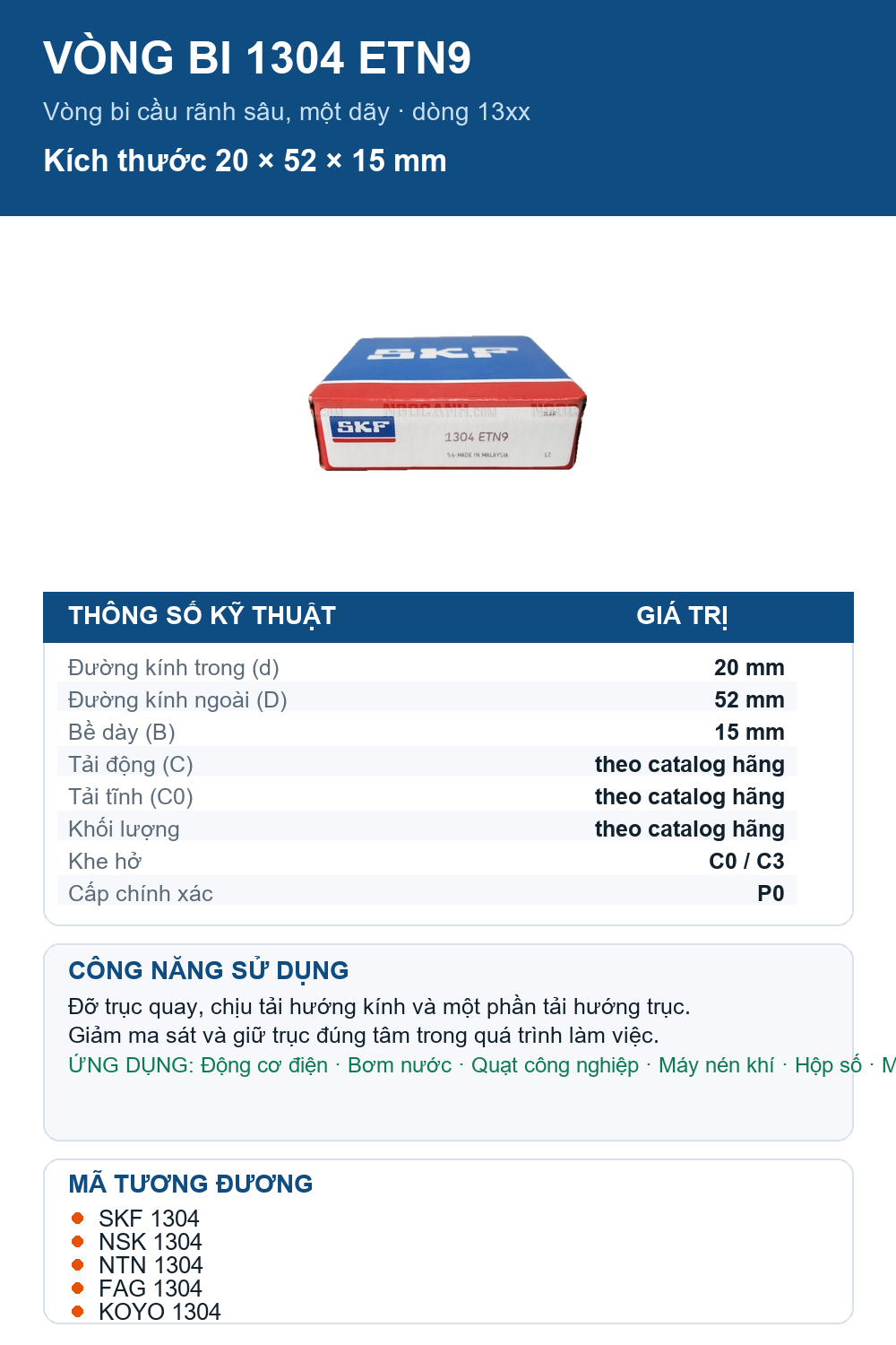 Vòng bi SKF 1304 ETN9 20x52x15mm — Ảnh thông số (Pinterest)