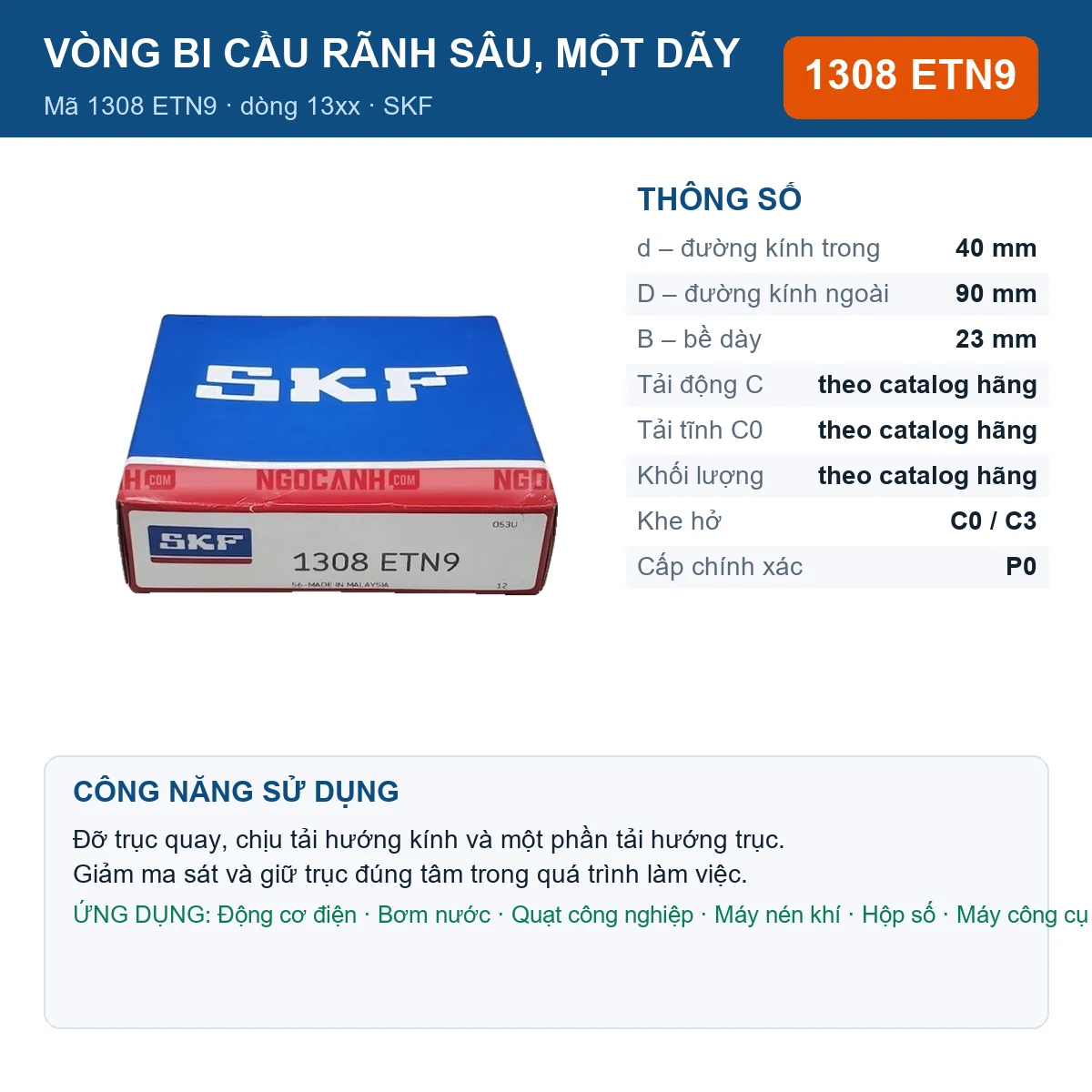 Vòng bi SKF 1308 ETN9 — kích thước 40x90x23mm
