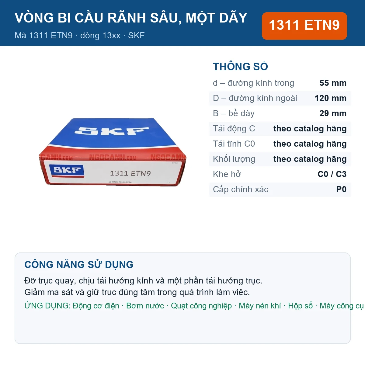 Vòng bi SKF 1311 ETN9 — kích thước 55x120x29mm