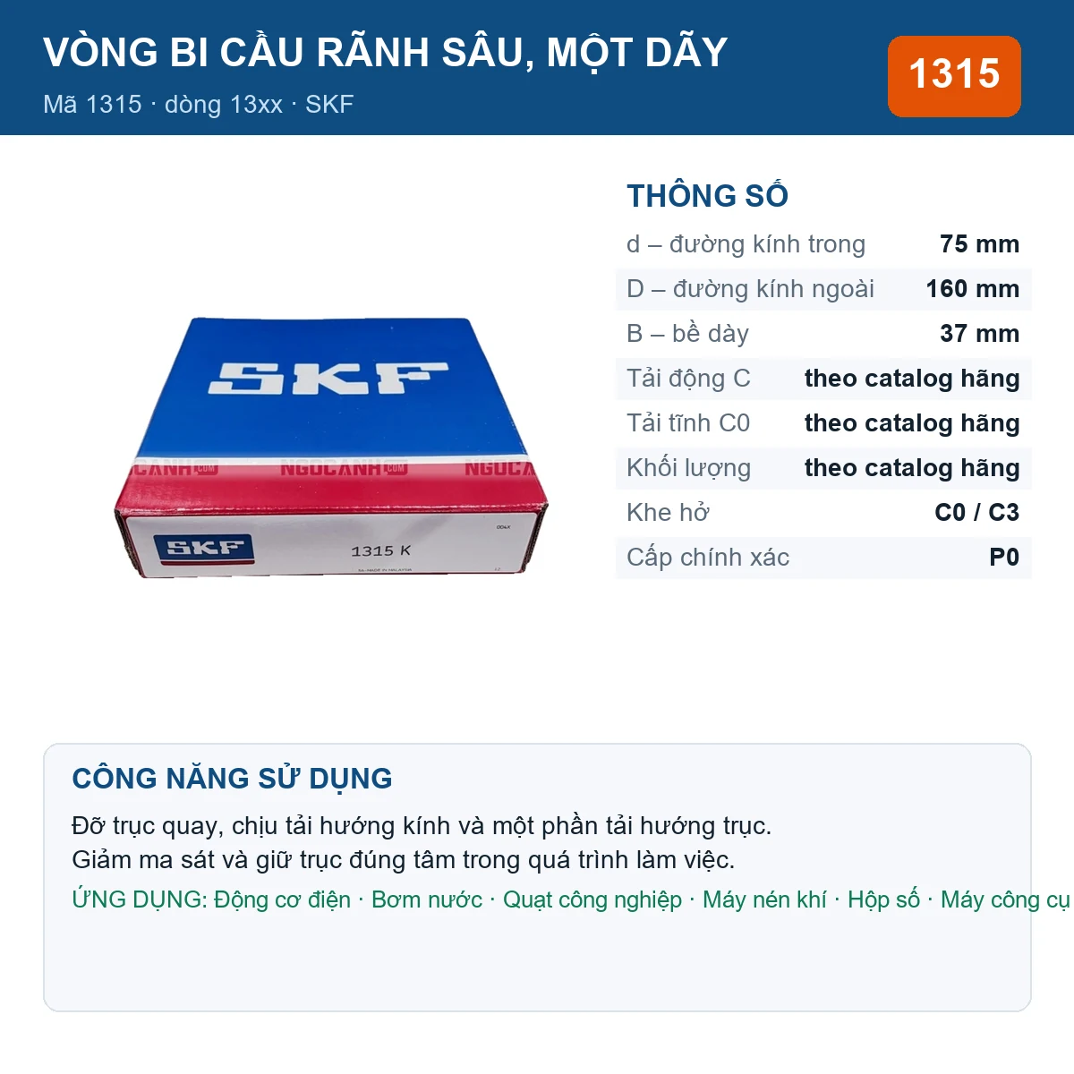 Vòng bi SKF 1315 — kích thước 75x160x37mm