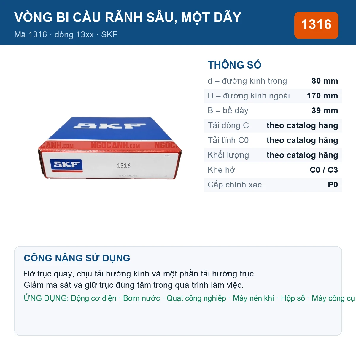 Vòng bi SKF 1316 — kích thước 80x170x39mm