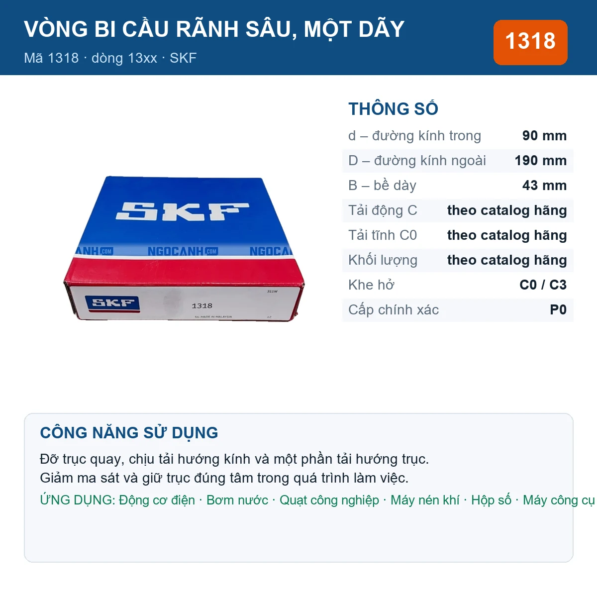 Vòng bi SKF 1318 — kích thước 90x190x43mm
