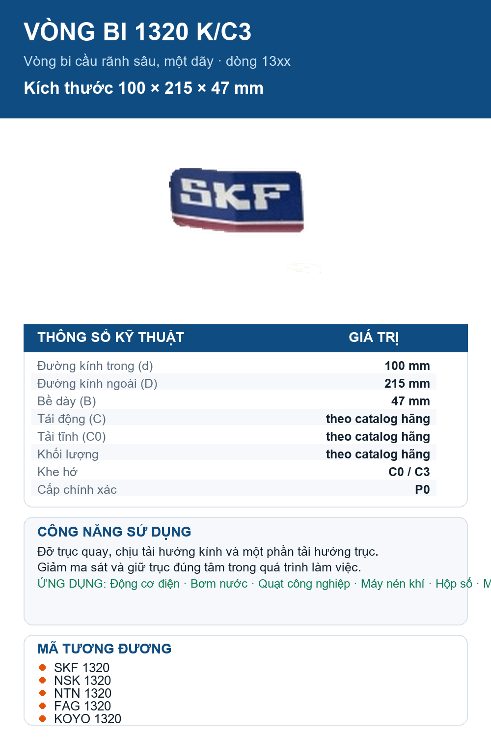 Vòng bi SKF 1320 K/C3 100x215x47mm — Ảnh thông số (Pinterest)