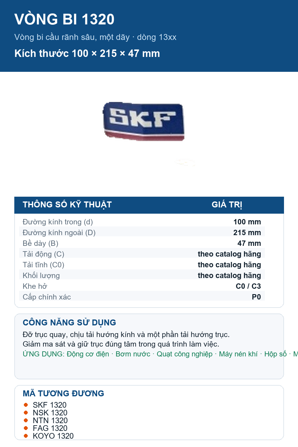 Vòng bi SKF 1320 100x215x47mm — Ảnh thông số (Pinterest)