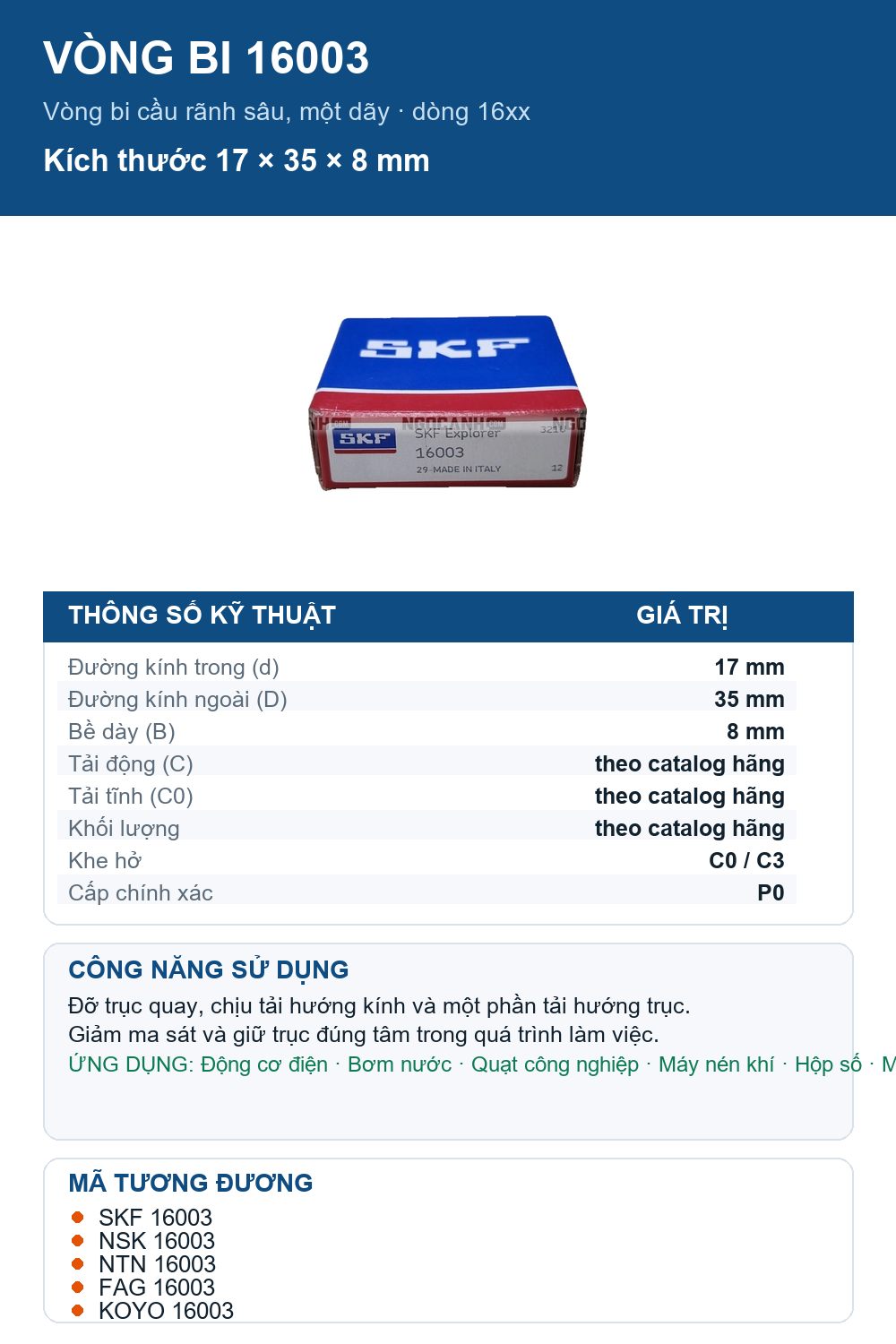 Vòng bi SKF 16003 17x35x8mm — Ảnh thông số (Pinterest)